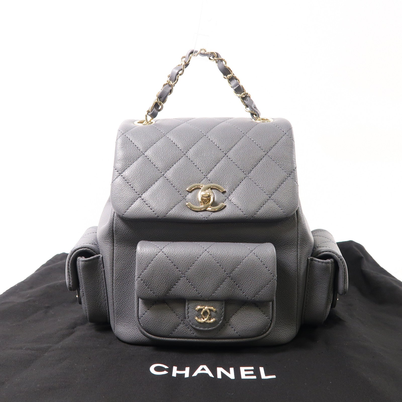 CHANEL 菱格牛皮皮革Backpack銀扣背包灰色