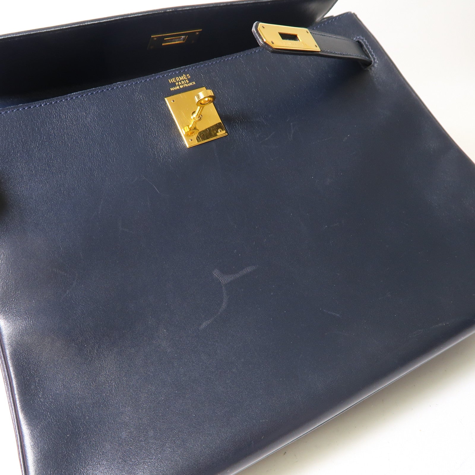 HERMES Box Calf皮革Kelly 32金釦手挽肩背兩用袋深藍色