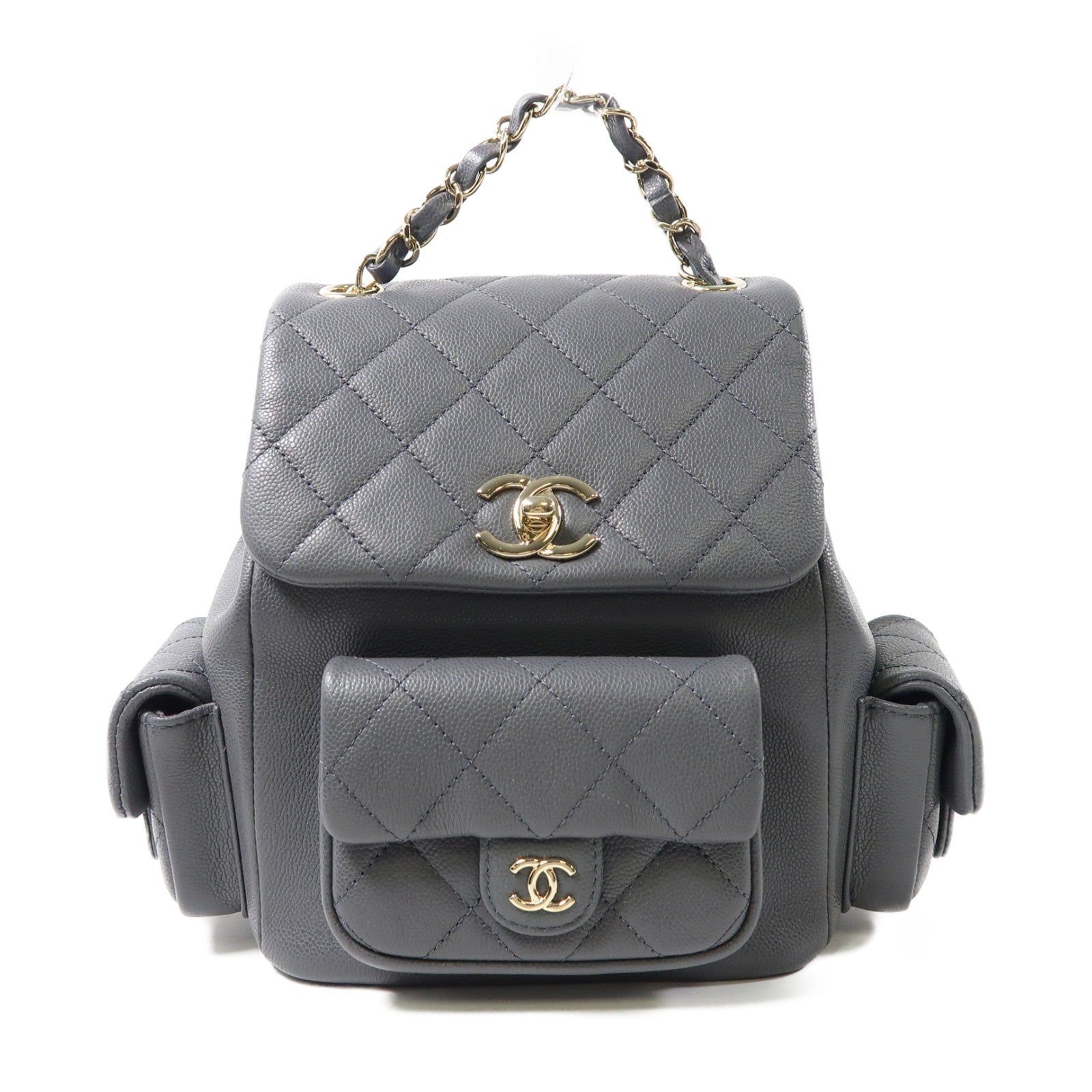 CHANEL 菱格牛皮皮革Backpack銀扣背包灰色