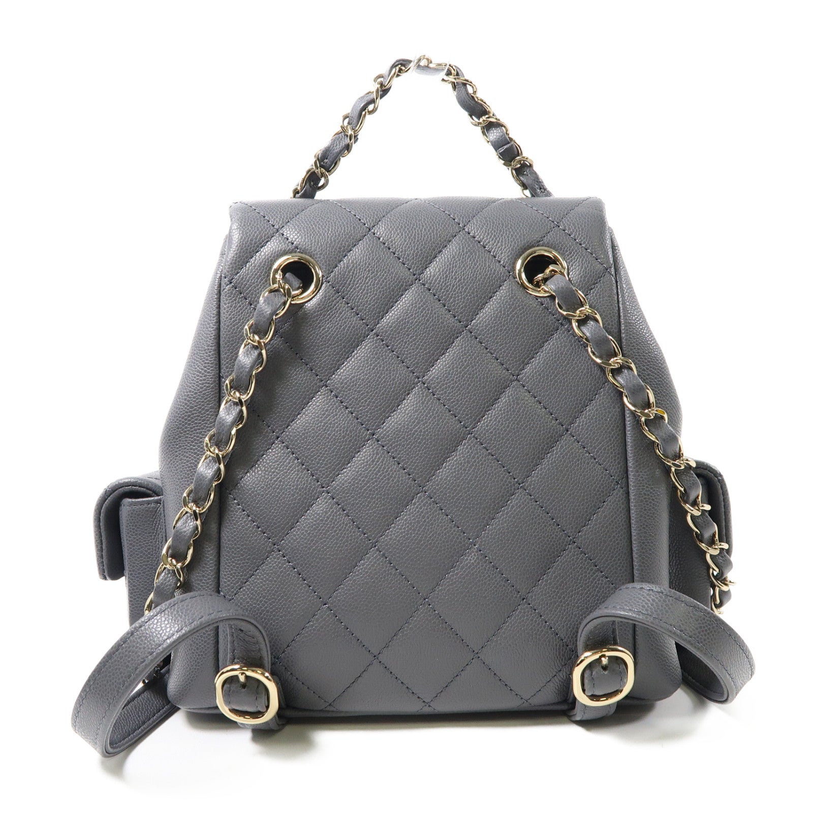 CHANEL 菱格牛皮皮革Backpack銀扣背包灰色