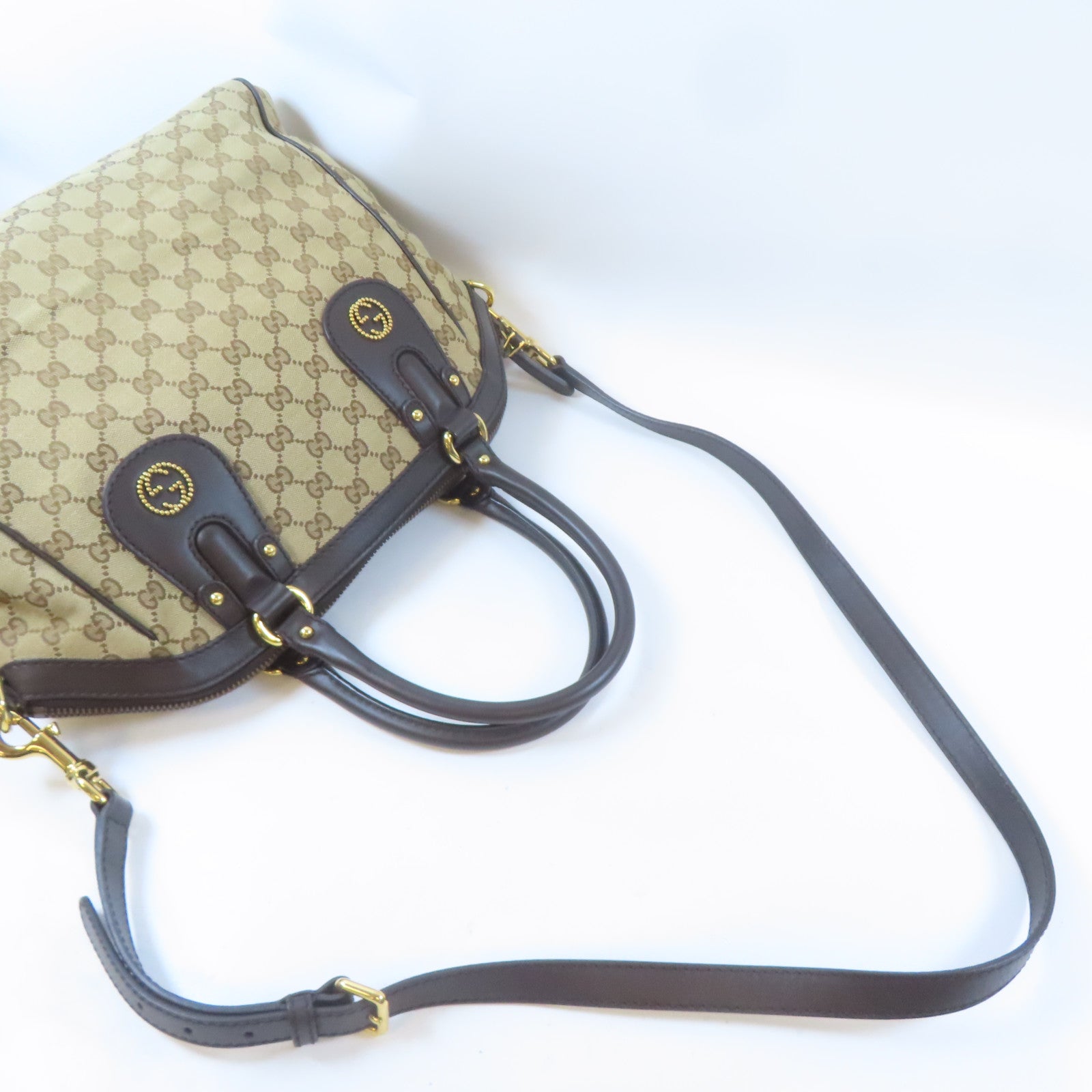 GUCCI 帆布Scarlett金扣手挽肩背兩用袋啡色
