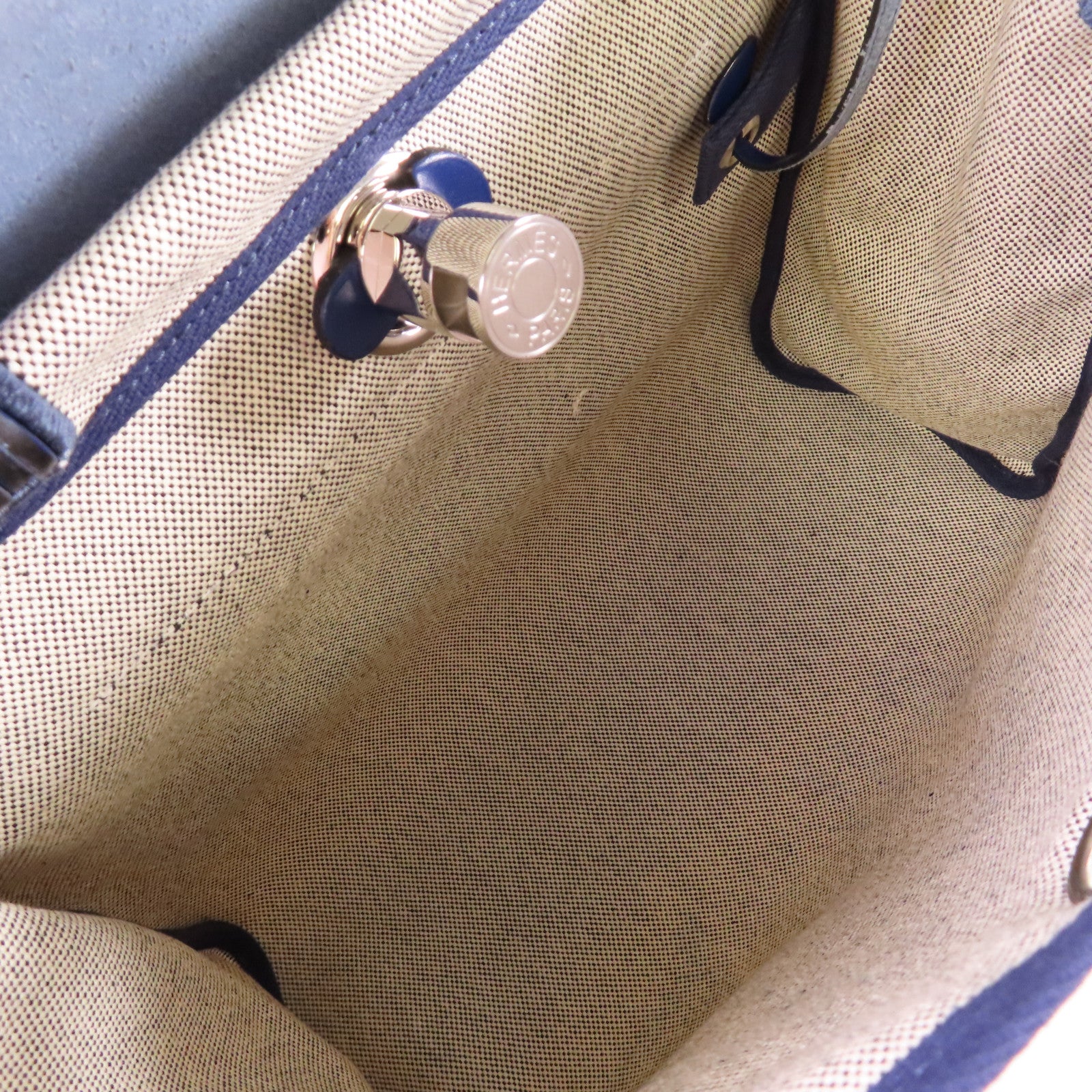 HERMES Brides De Gala Toile H帆布Herbag Zip Retourne PM銀扣手挽肩背兩用袋寶藍色/白色