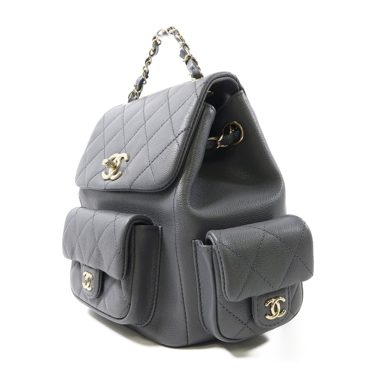 CHANEL 菱格牛皮皮革Backpack銀扣背包灰色