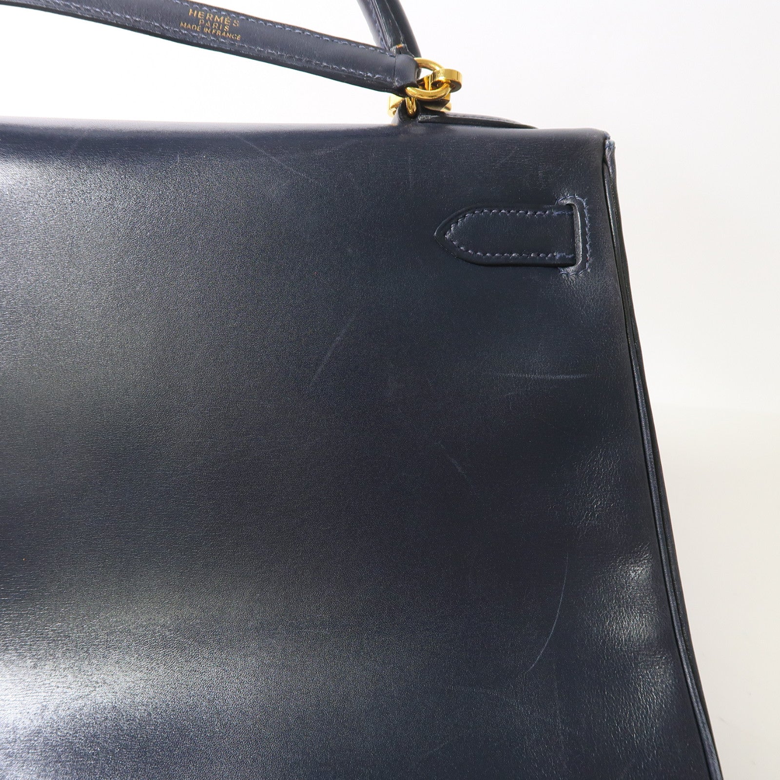 HERMES Box Calf皮革Kelly 32金釦手挽肩背兩用袋深藍色