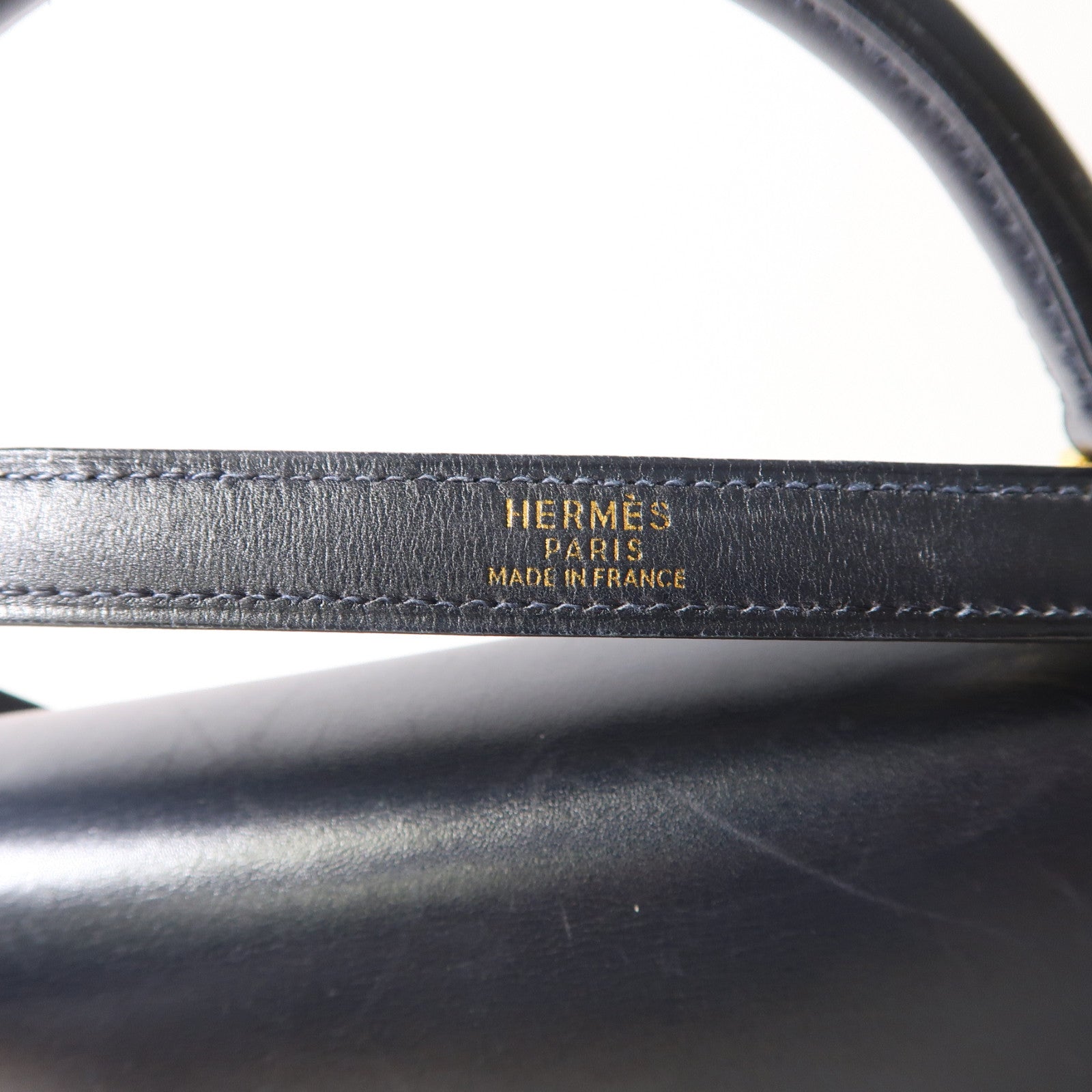 HERMES Box Calf皮革Kelly 32金釦手挽肩背兩用袋深藍色