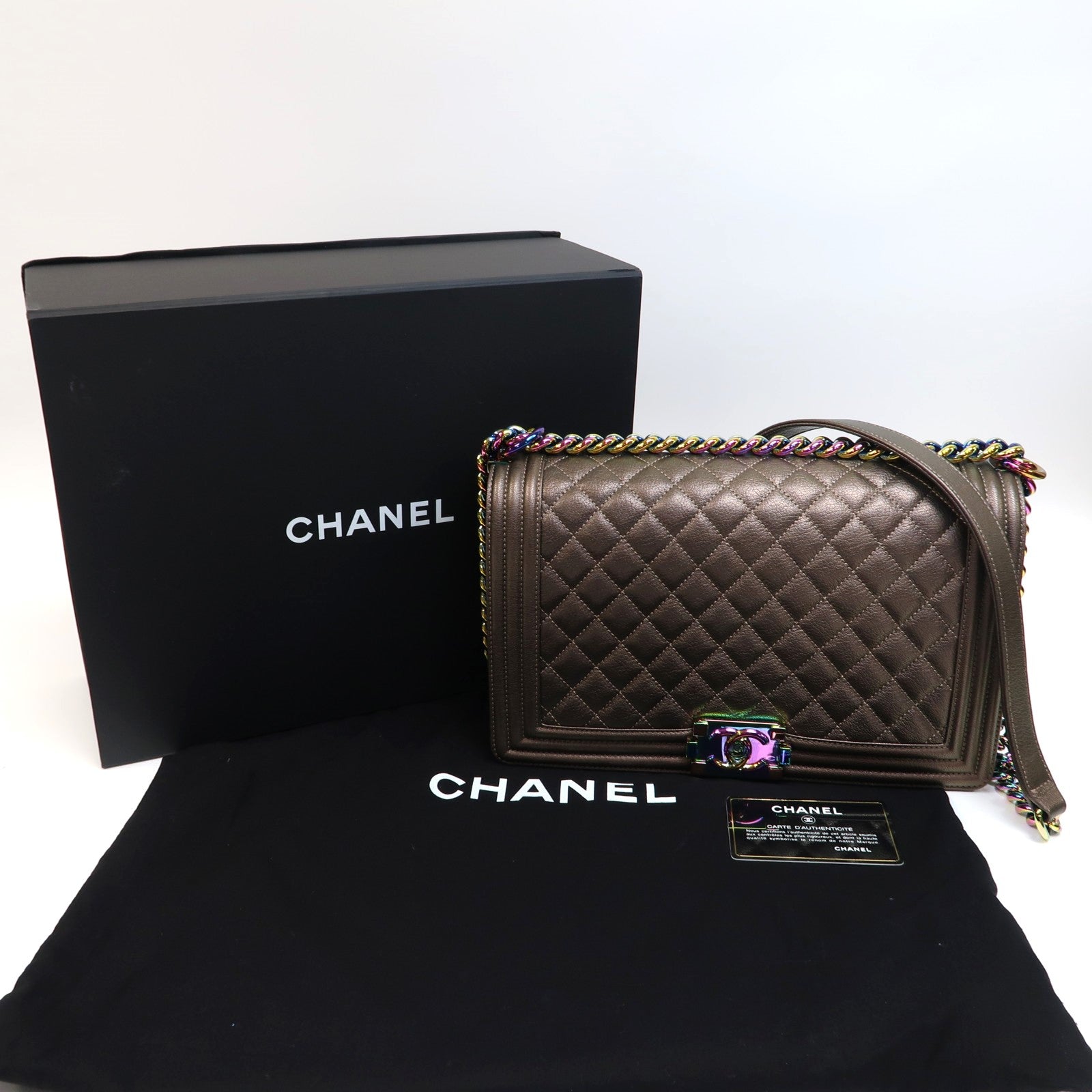 CHANEL 菱格牛皮皮革Boy Chanel鏈帶肩背袋銅色