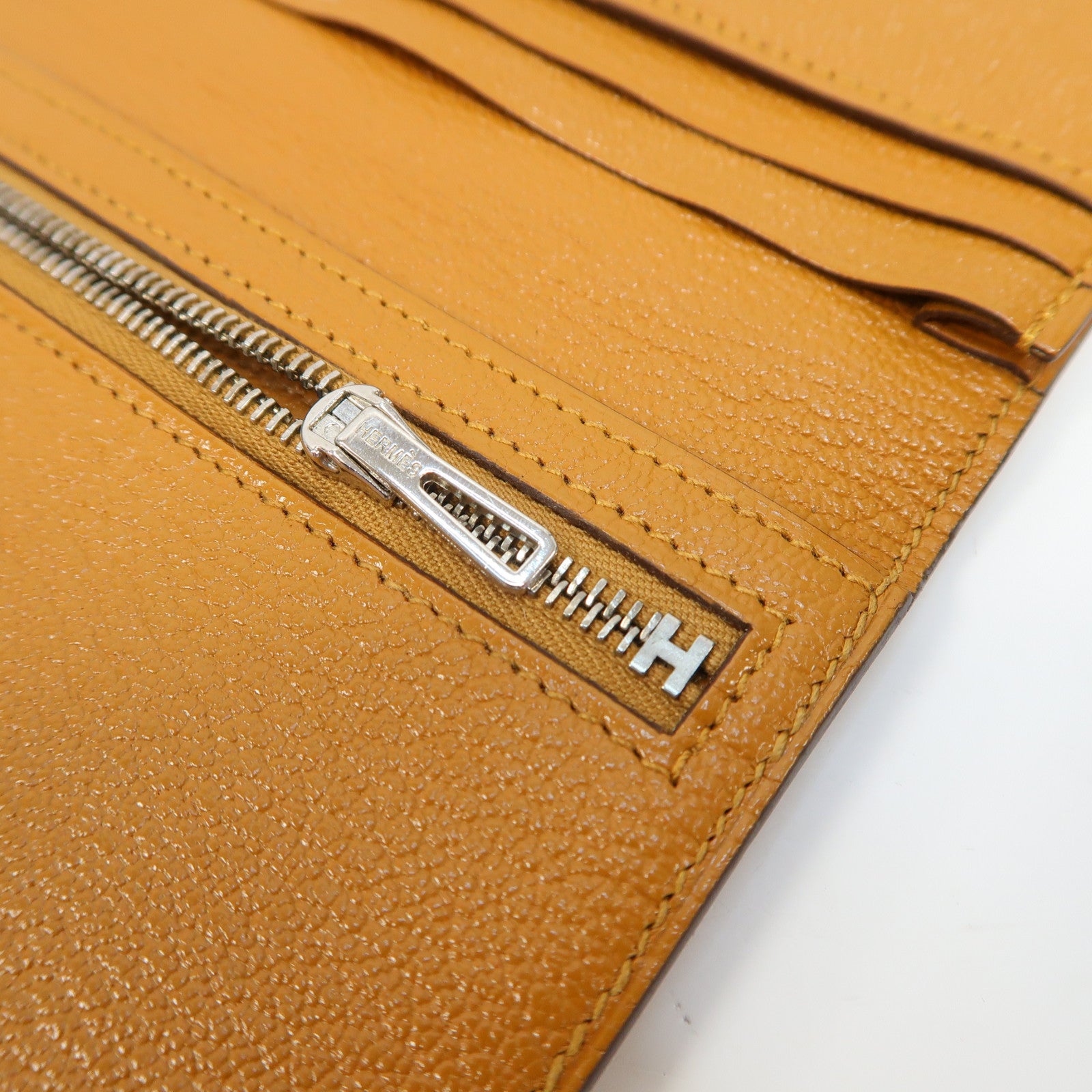 HERMES Chevre皮革Bearn Wallet銀扣長錢包Caramel/焦糖色