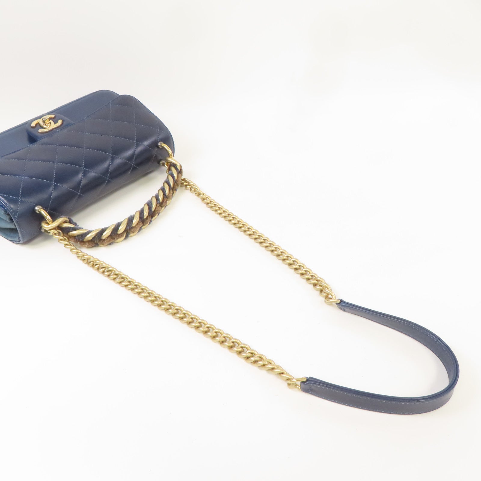 CHANEL 【激減優惠】菱格牛皮皮革Chain Shoulder金扣手挽肩背兩用袋深藍色