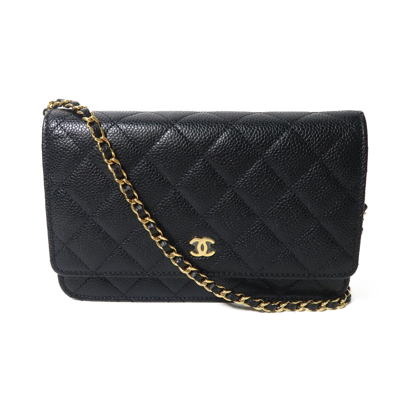 CHANEL 菱格Caviar皮革Wallet On Chain金扣鏈帶肩背袋黑色