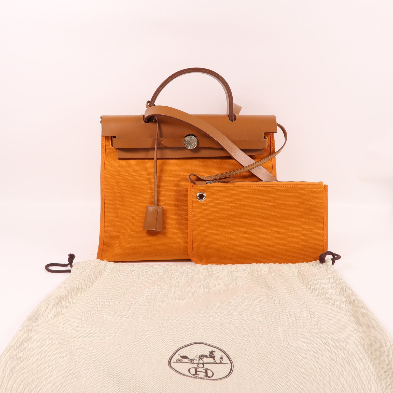 HERMES 帆布Herbag PM銀扣手挽肩背兩用袋杏桃黃色