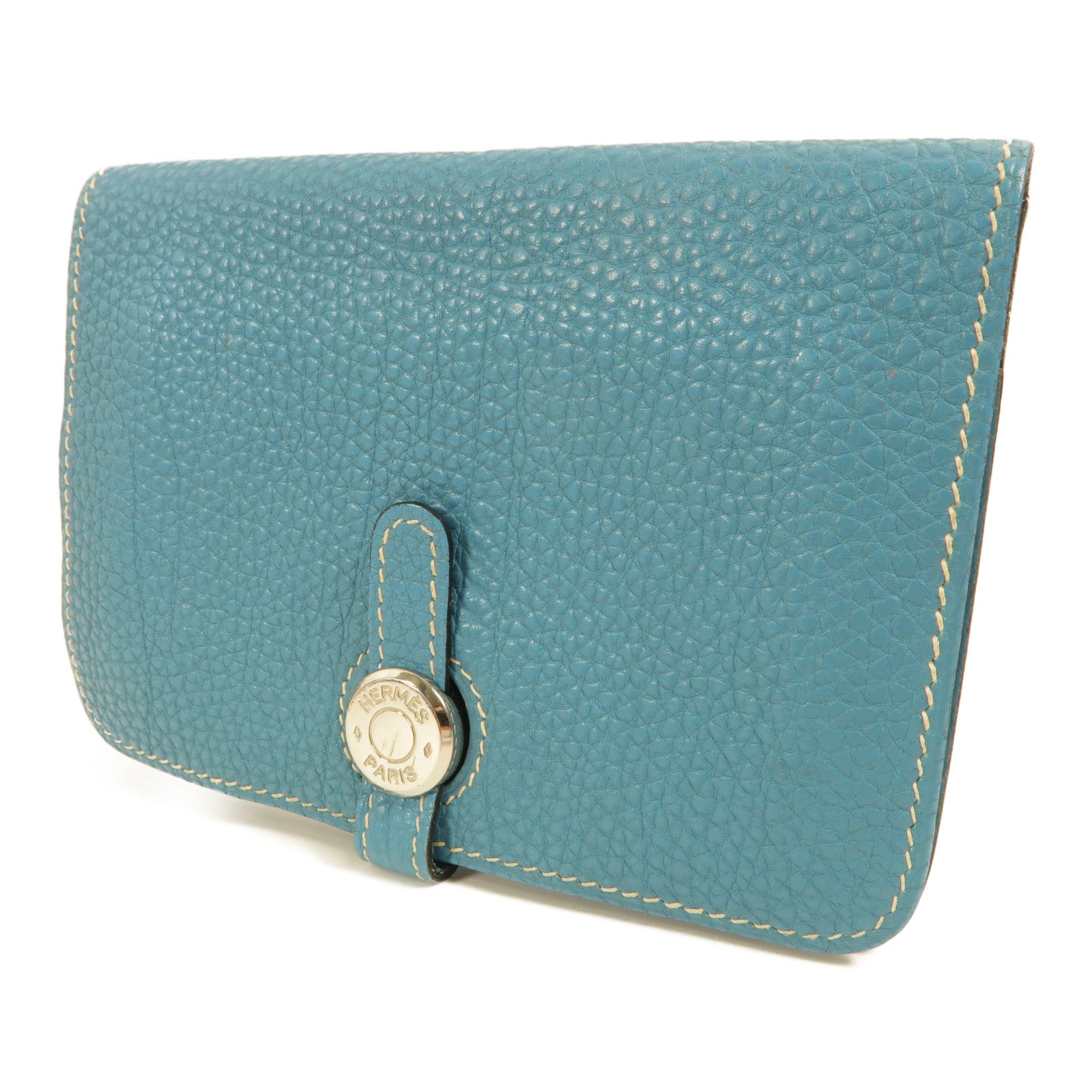 HERMES Togo皮革Dogon Compact錢包Bleu Jeans