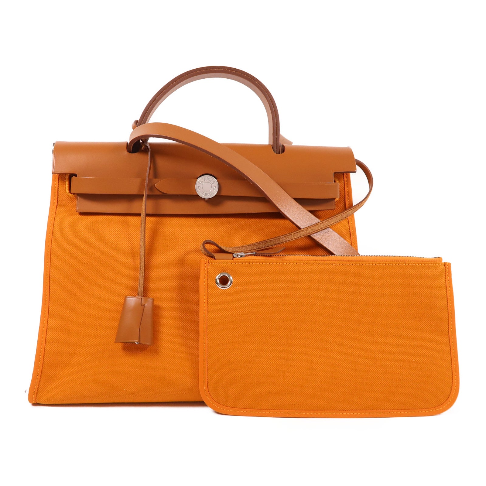 HERMES 帆布Herbag PM銀扣手挽肩背兩用袋杏桃黃色