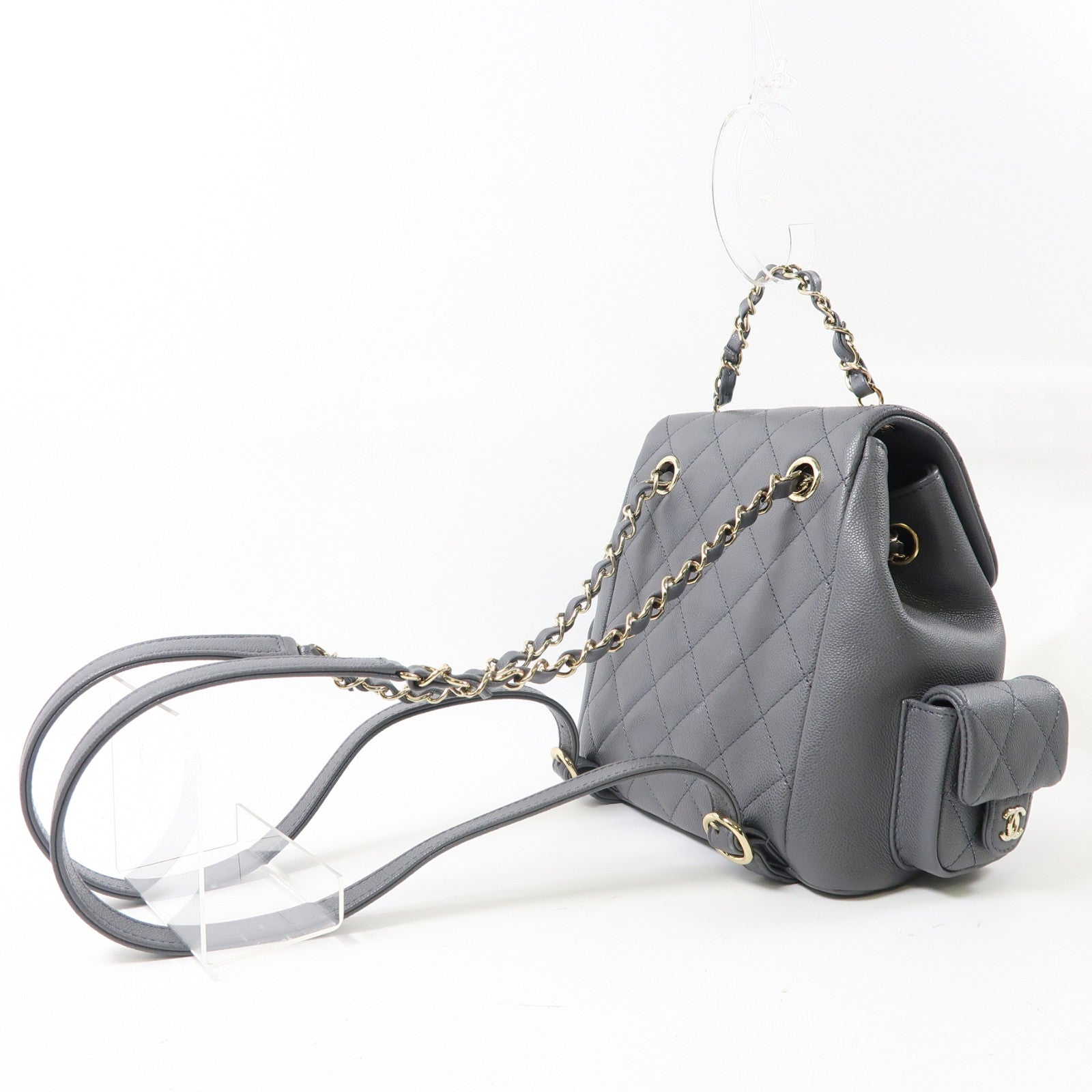 CHANEL 菱格牛皮皮革Backpack銀扣背包灰色