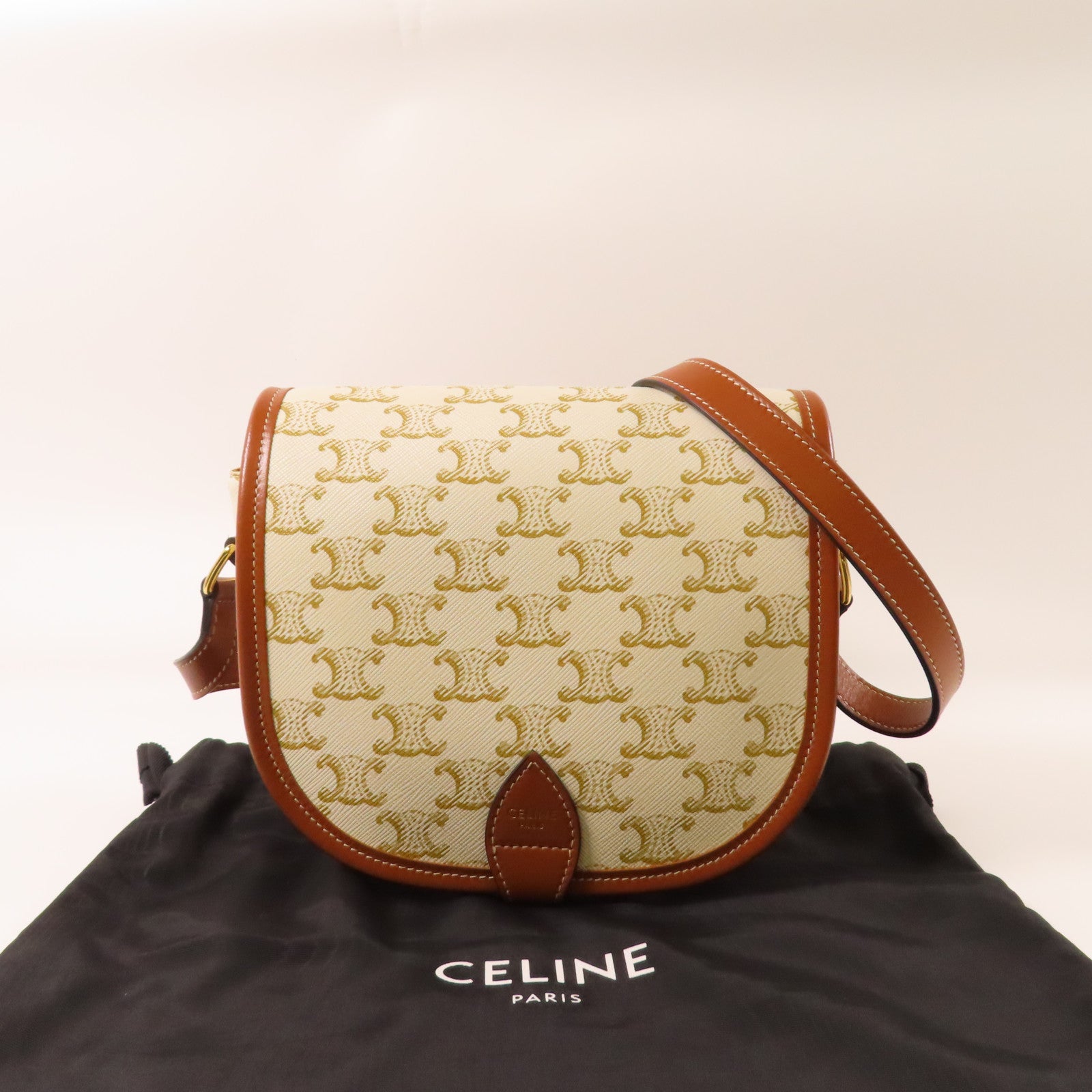 CELINE 塗層帆布Celine Folco金扣肩背袋白色/啡色