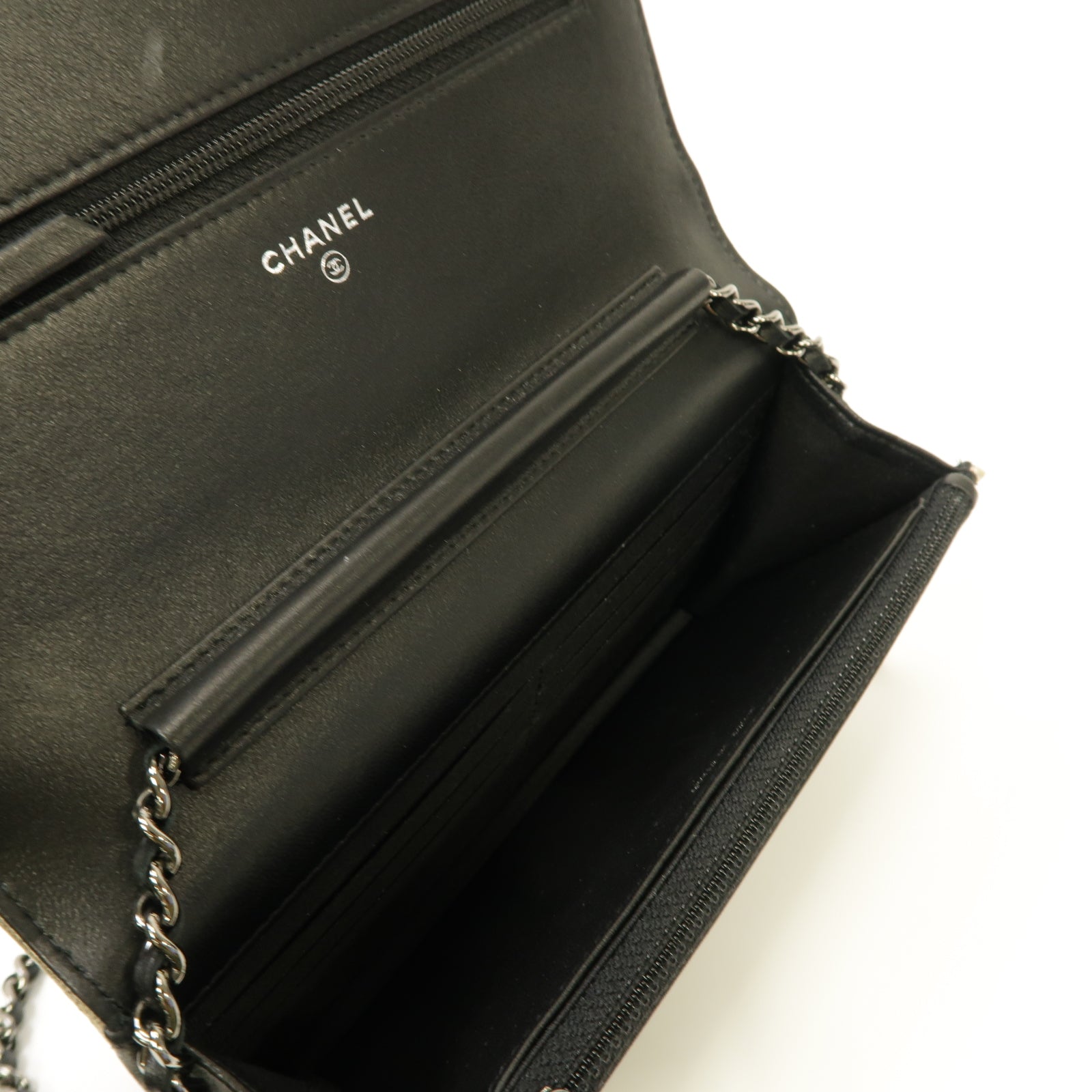 CHANEL 羊皮皮革Wallet On Chain Shoulder Bag銀扣鏈帶肩背袋黑色