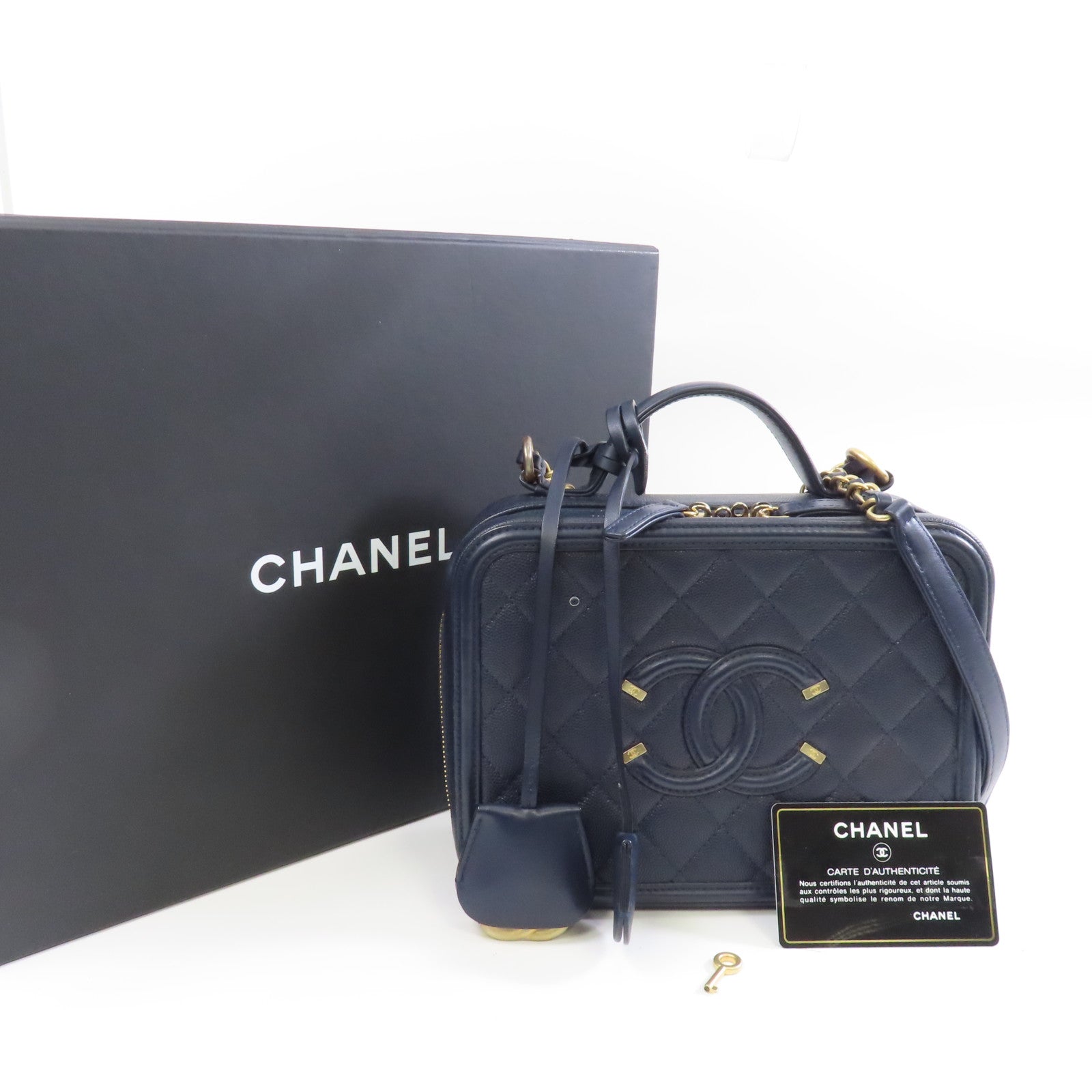CHANEL 【激減優惠】菱格Caviar皮革Vanity Case金扣手挽肩背兩用袋深藍色
