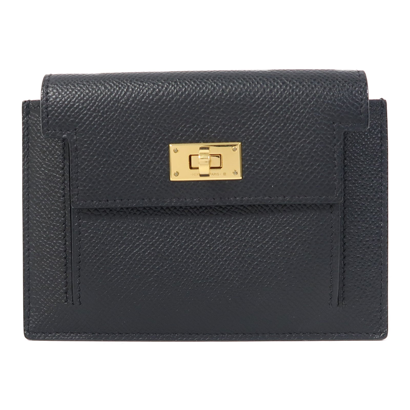 HERMES Epsom皮革Kelly Pocket金扣錢包Noir/黑色
