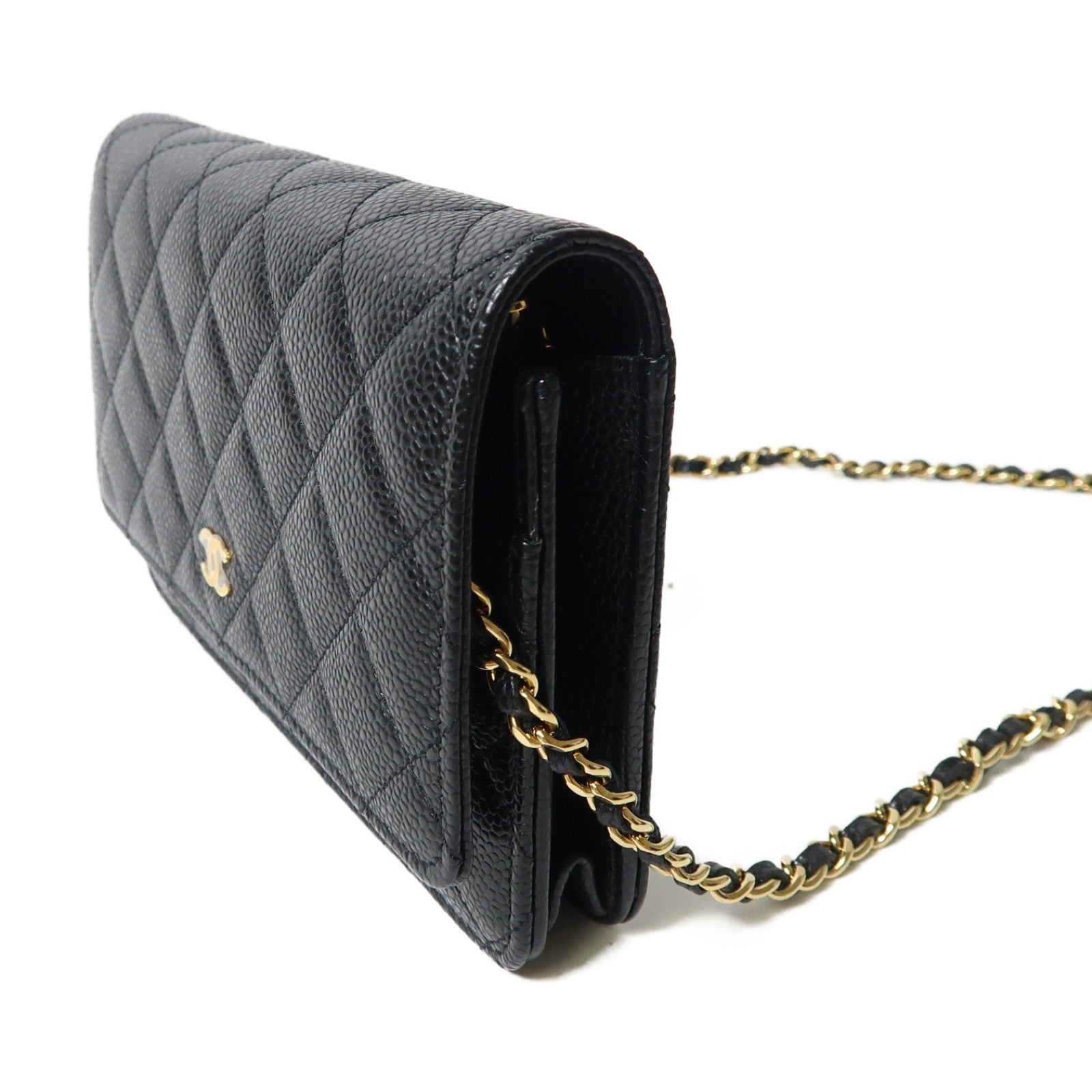 CHANEL 菱格Caviar皮革Wallet On Chain金扣鏈帶肩背袋黑色