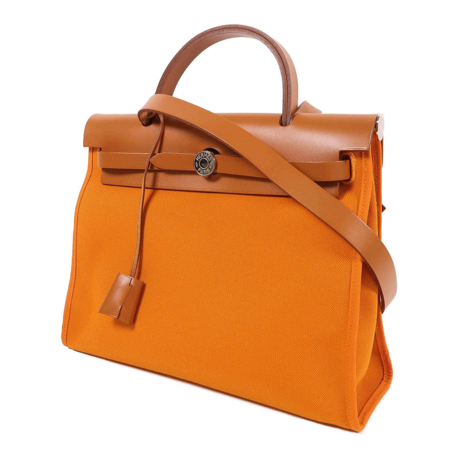 HERMES 帆布Herbag PM銀扣手挽肩背兩用袋杏桃黃色