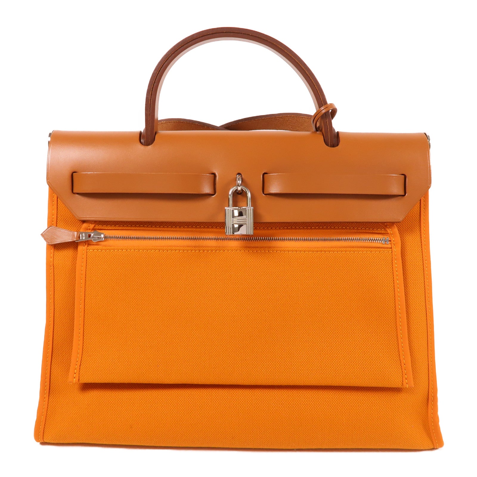 HERMES 帆布Herbag PM銀扣手挽肩背兩用袋杏桃黃色