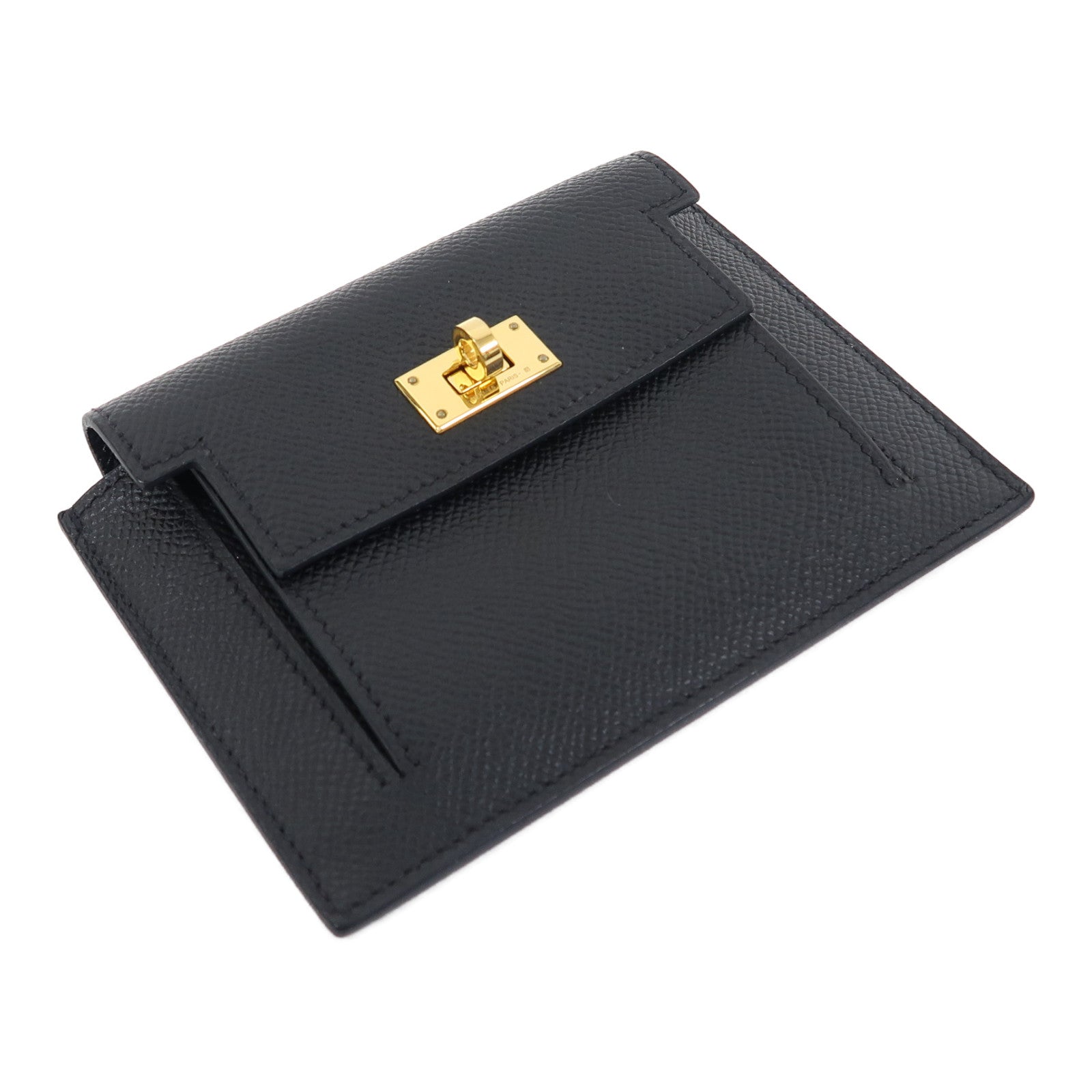 HERMES Epsom皮革Kelly Pocket金扣錢包Noir/黑色