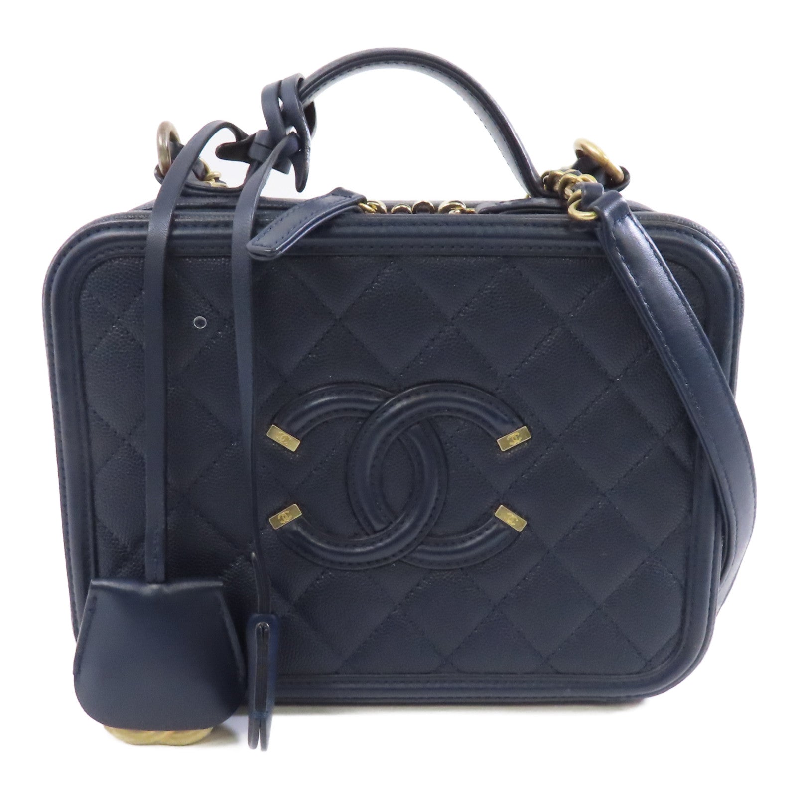 CHANEL 【激減優惠】菱格Caviar皮革Vanity Case金扣手挽肩背兩用袋深藍色