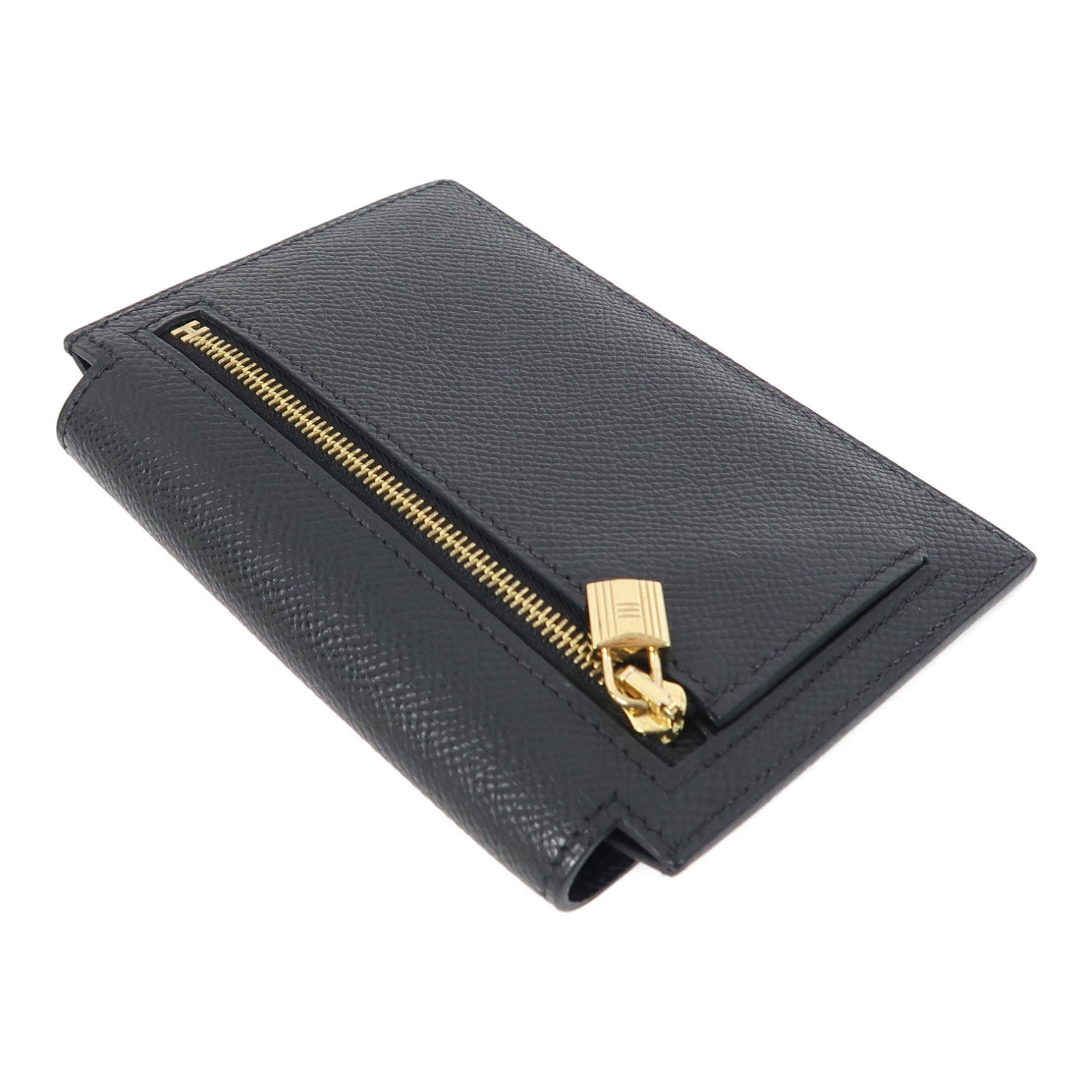 HERMES Epsom皮革Kelly Pocket金扣錢包Noir/黑色