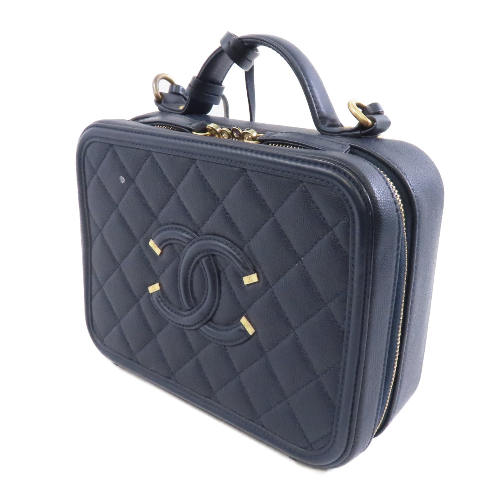 CHANEL 【激減優惠】菱格Caviar皮革Vanity Case金扣手挽肩背兩用袋深藍色