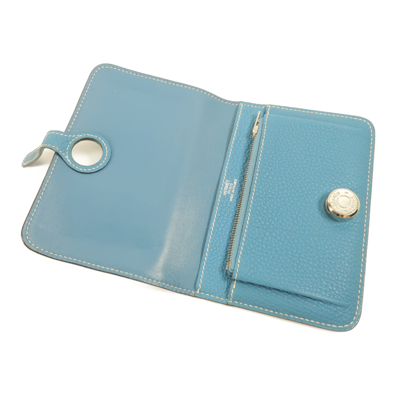 HERMES Togo皮革Dogon Compact錢包Bleu Jeans
