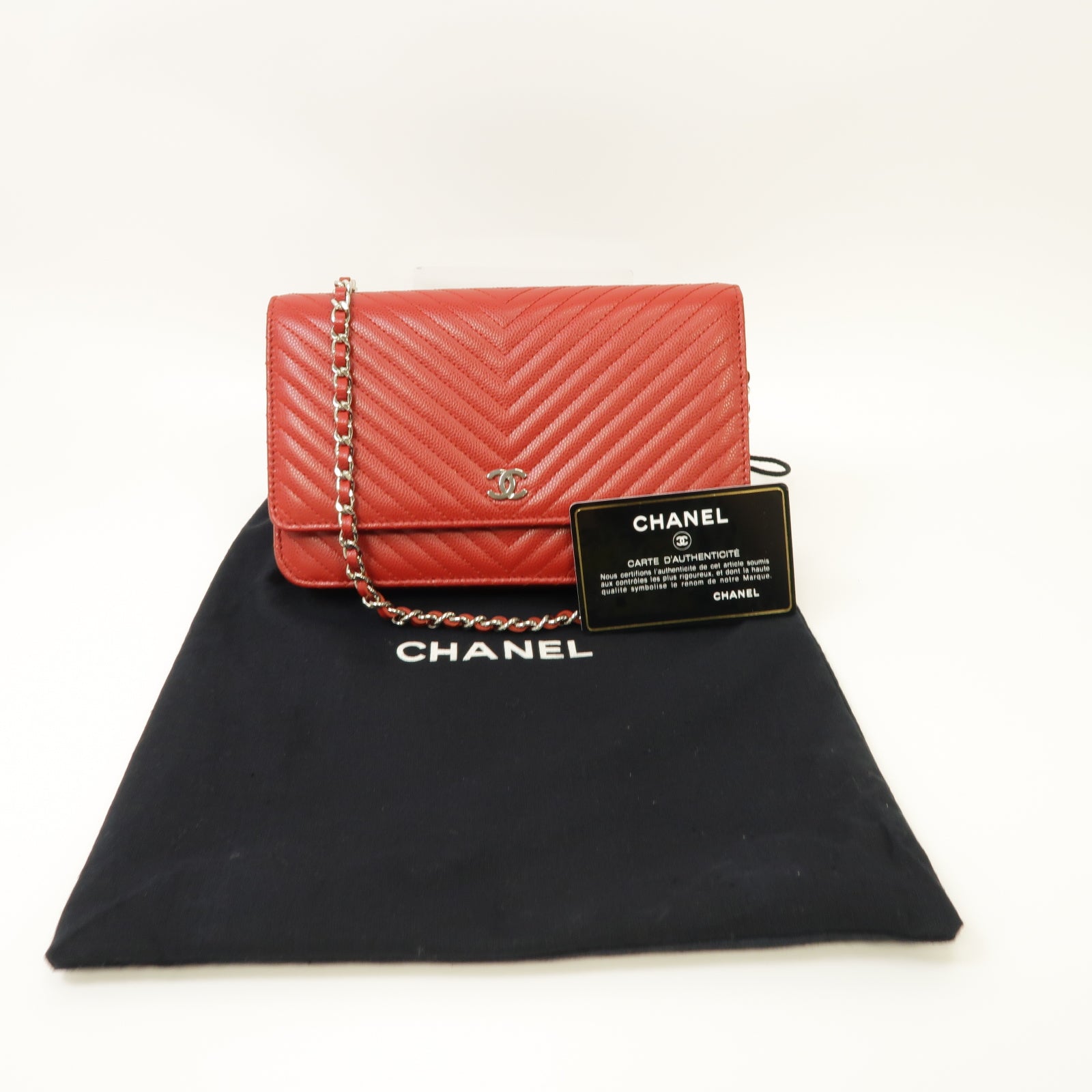 CHANEL 【激減優惠】斜紋牛皮皮革Wallet On Chain Shoulder Bag銀扣肩背袋紅色