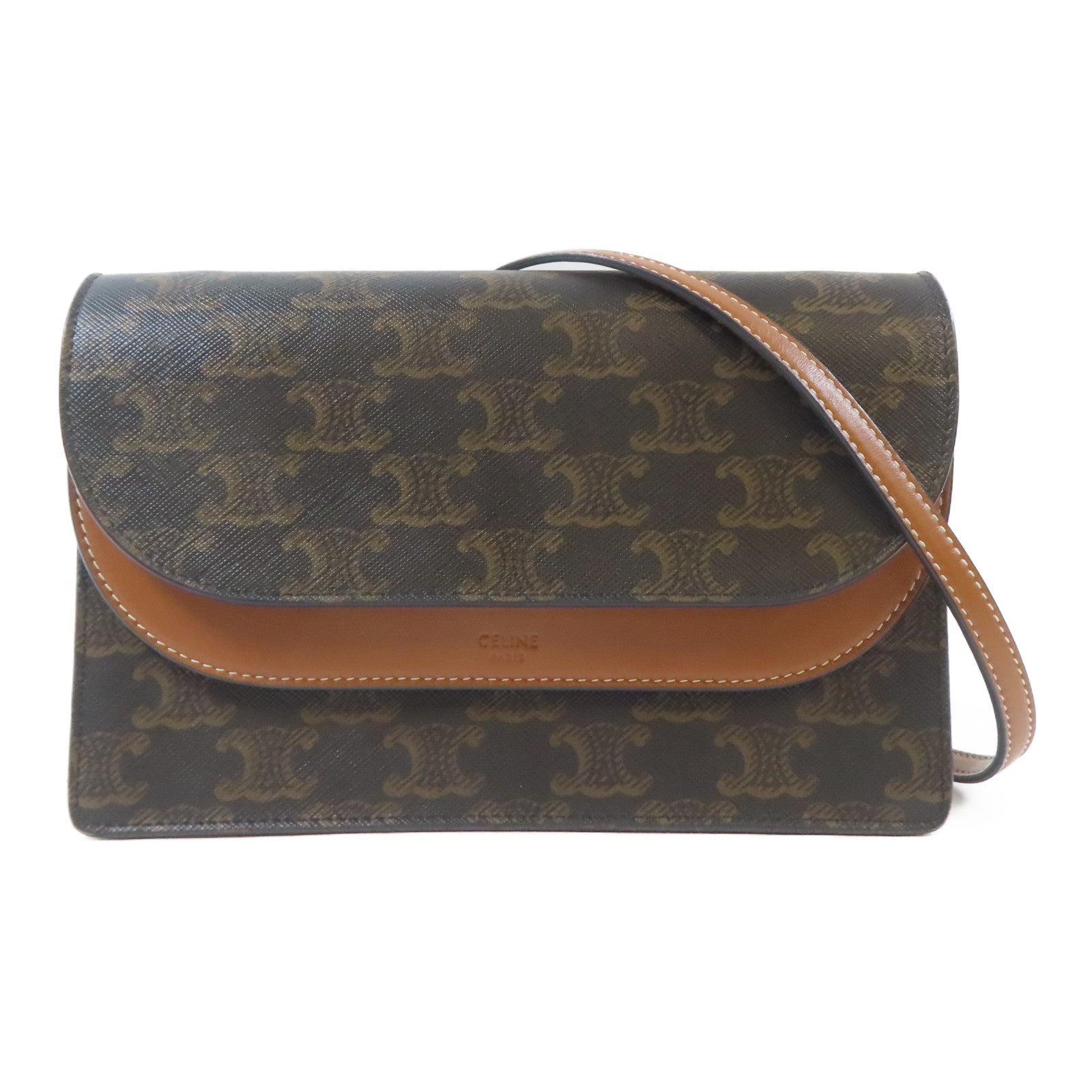 CELINE 塗層帆布Wallet On Strap金扣肩背袋啡色