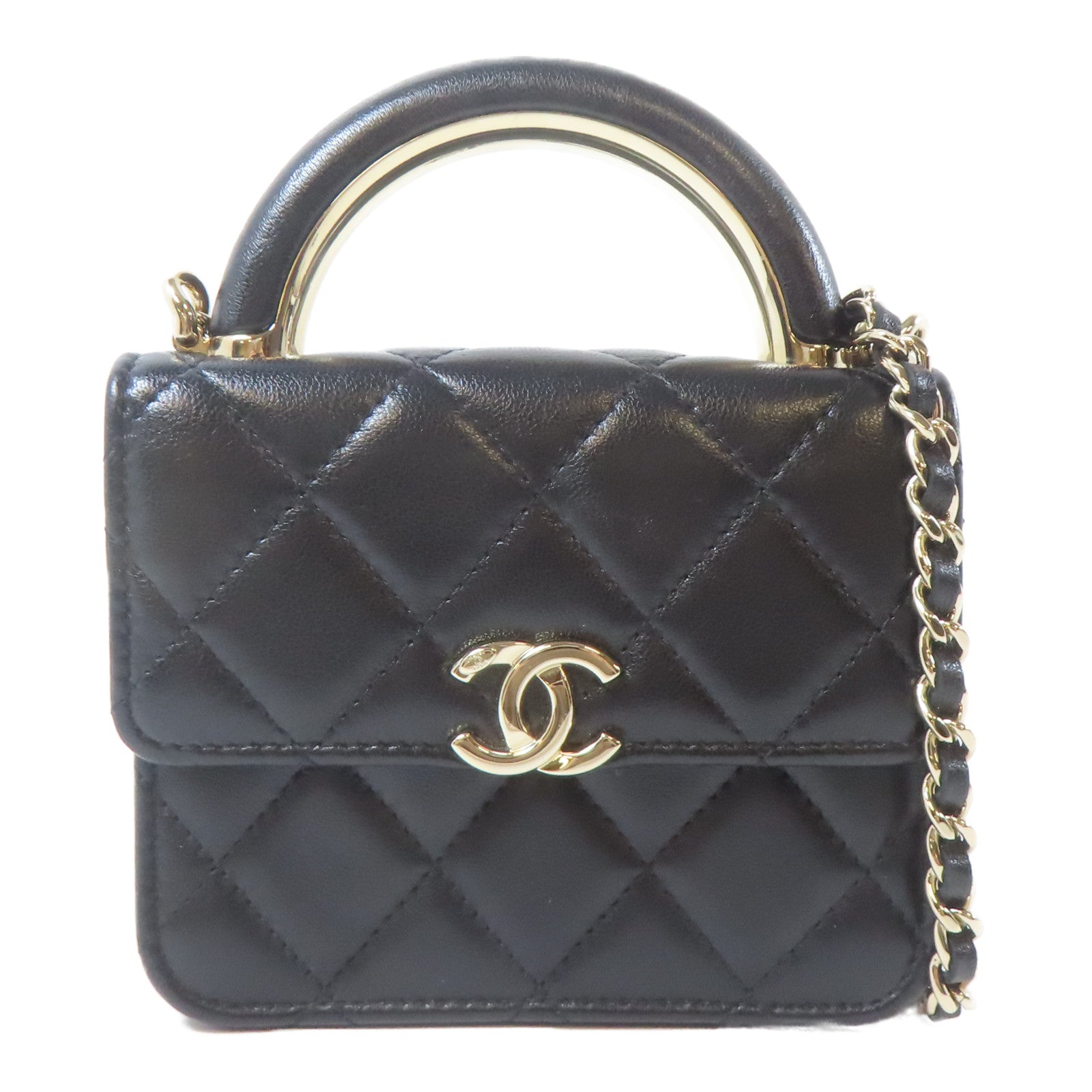 CHANEL 菱格羊皮皮革Mini Flap金扣鏈帶手挽肩背兩用袋黑色