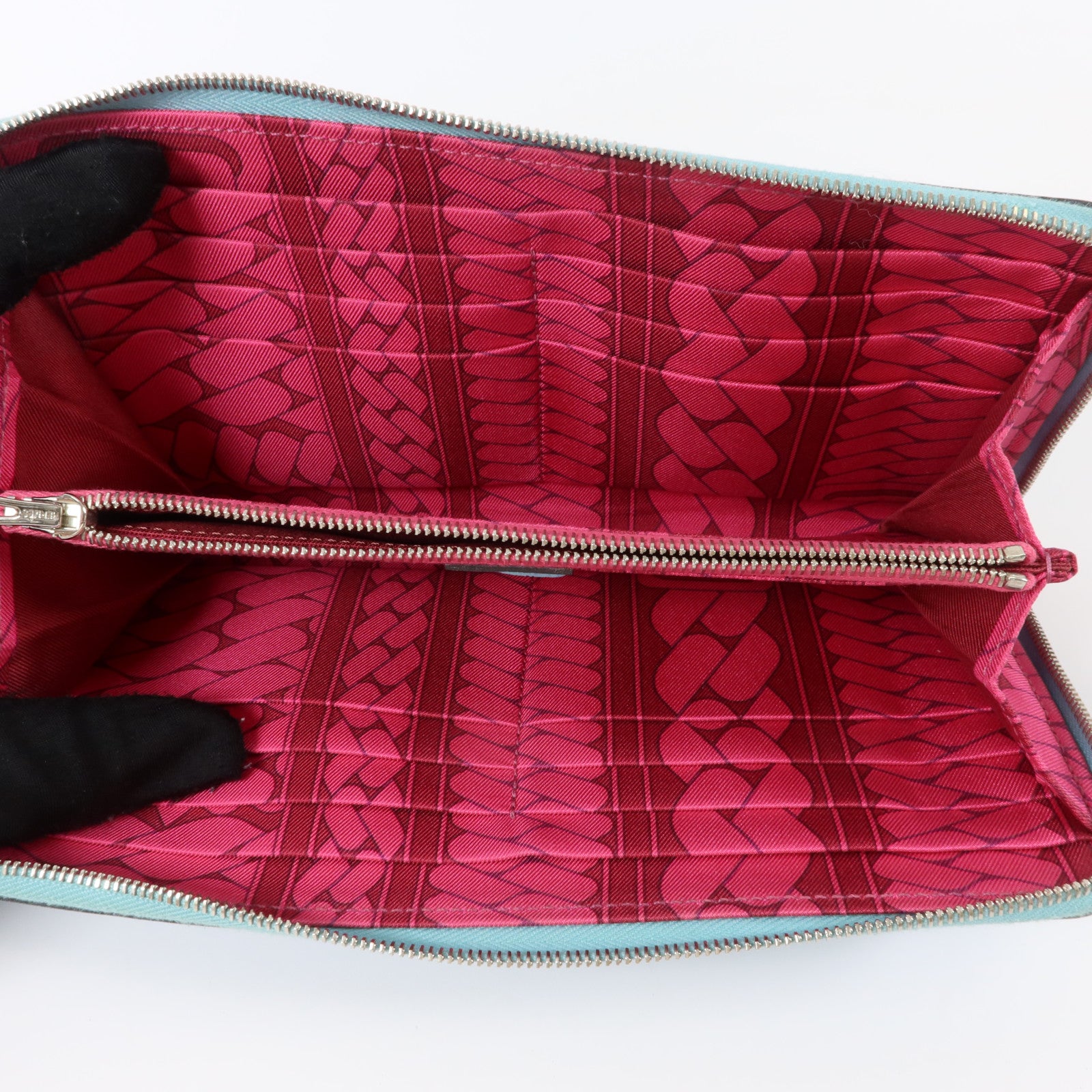 HERMES Epsom皮革Silk In Long Wallet銀扣長錢包Bleu Atoll