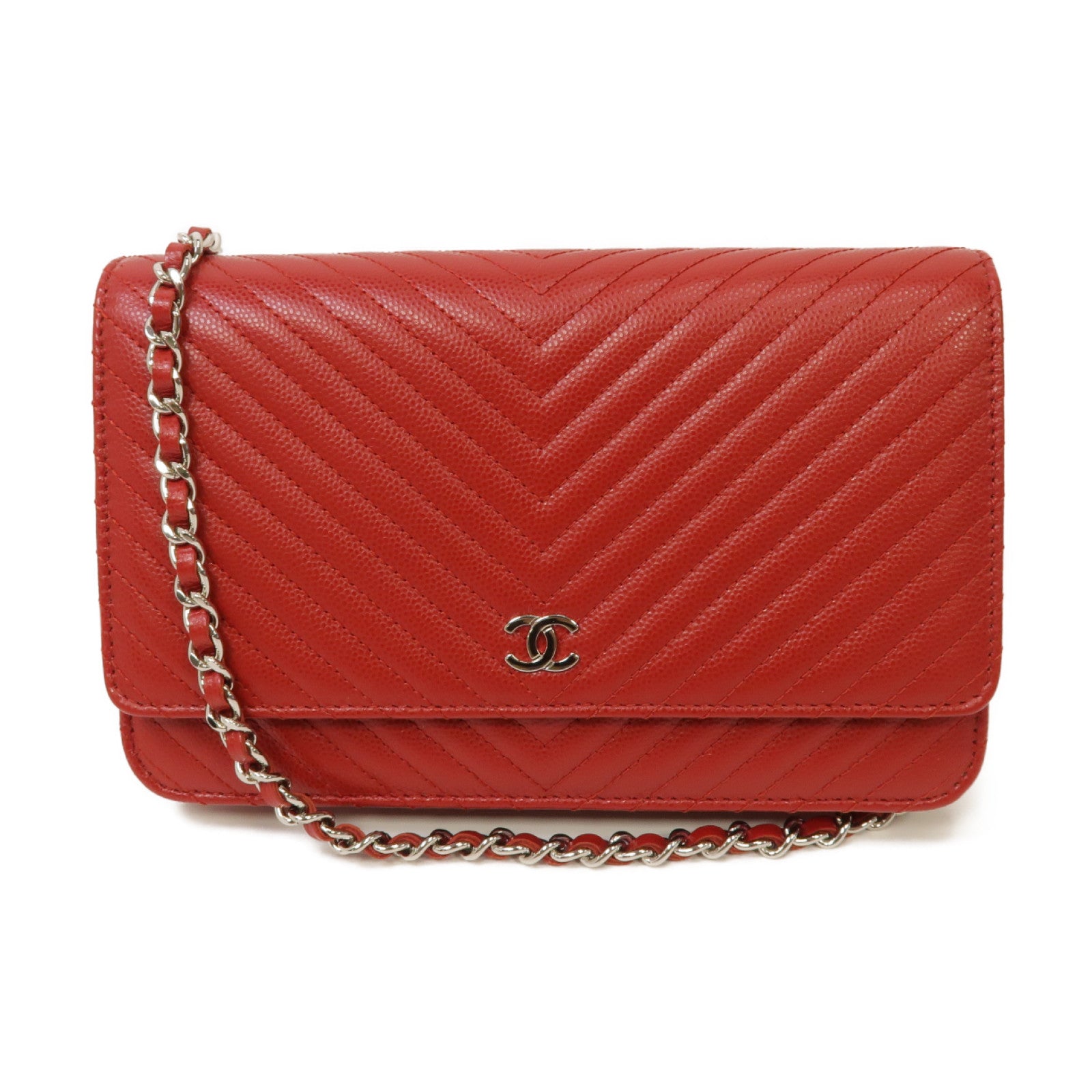 CHANEL 【激減優惠】斜紋牛皮皮革Wallet On Chain Shoulder Bag銀扣肩背袋紅色