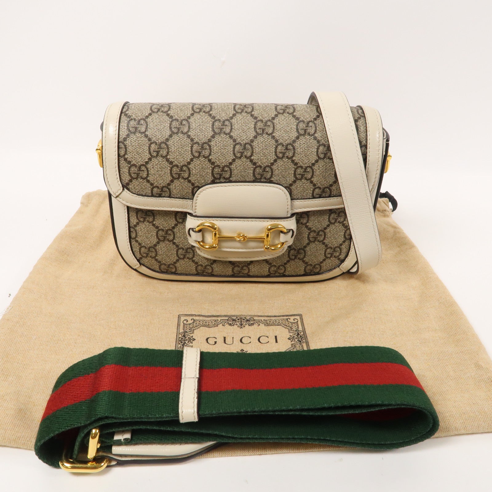 GUCCI 塗層帆布Horsebit 1955 Mini金扣肩背袋白色
