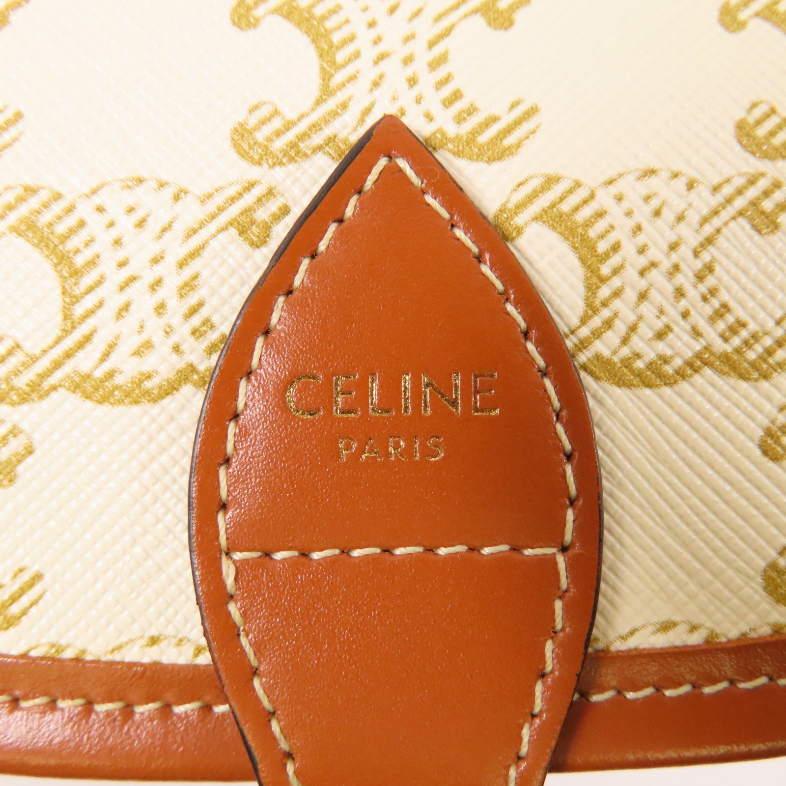 CELINE 塗層帆布Celine Folco金扣肩背袋白色/啡色