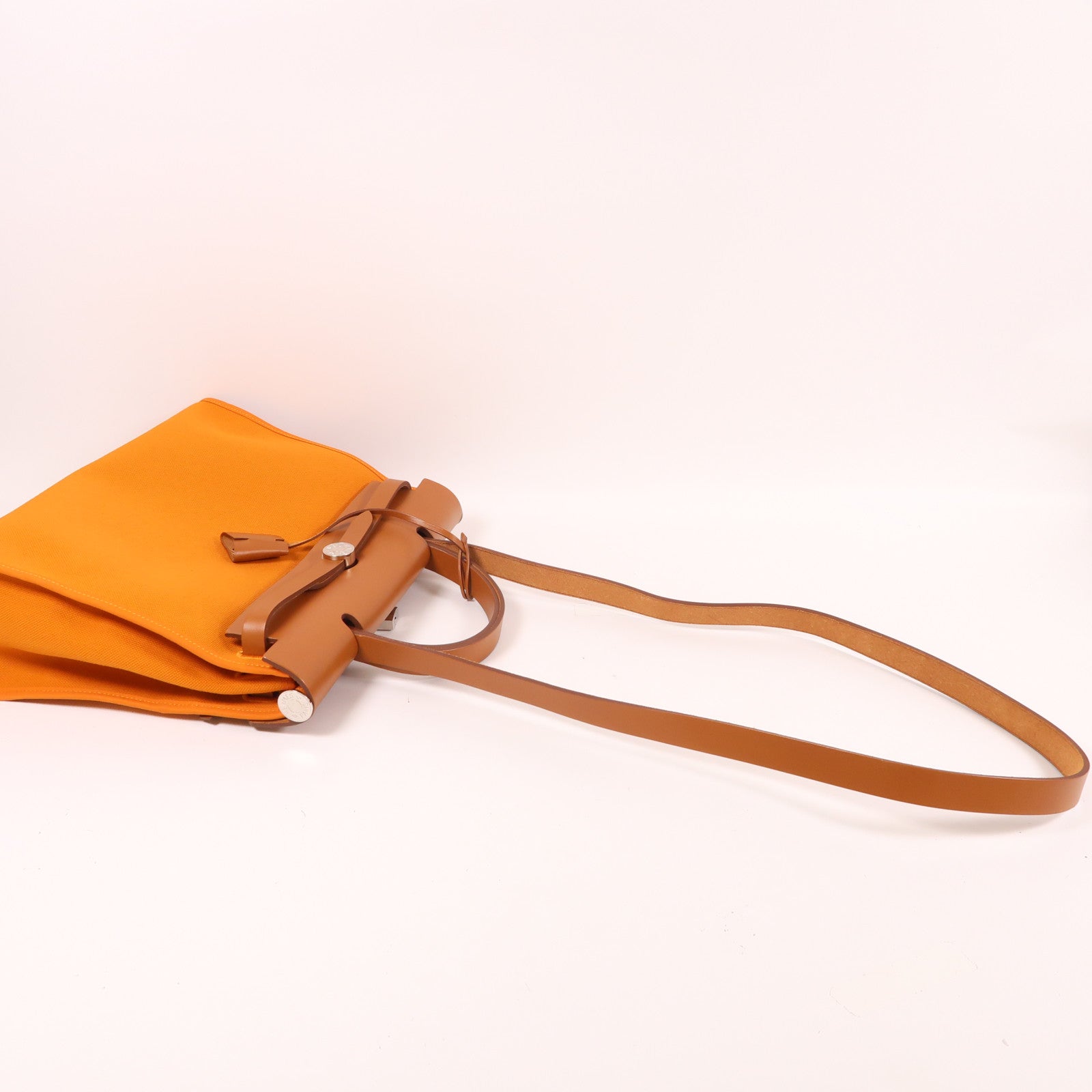 HERMES 帆布Herbag PM銀扣手挽肩背兩用袋杏桃黃色