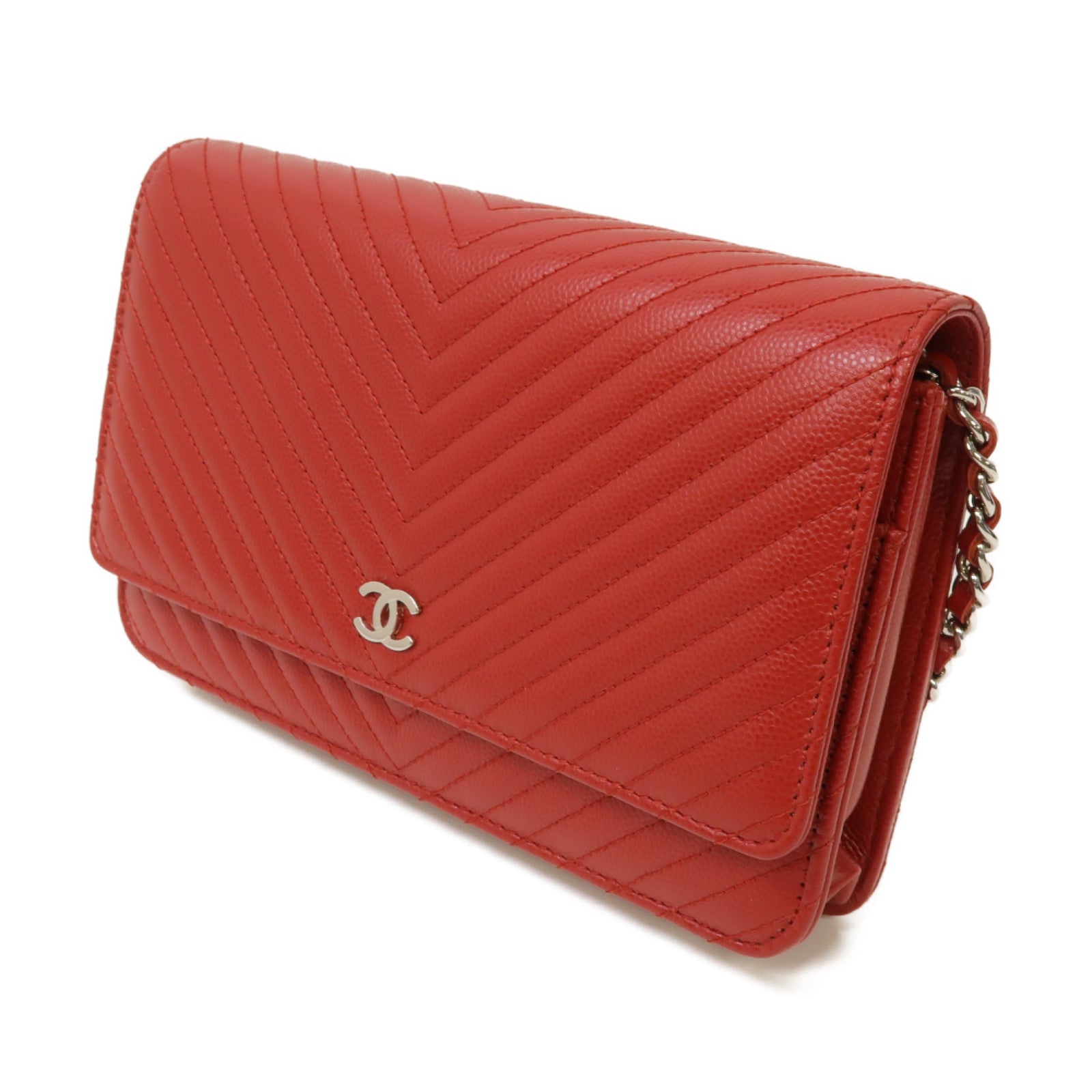 CHANEL 【激減優惠】斜紋牛皮皮革Wallet On Chain Shoulder Bag銀扣肩背袋紅色