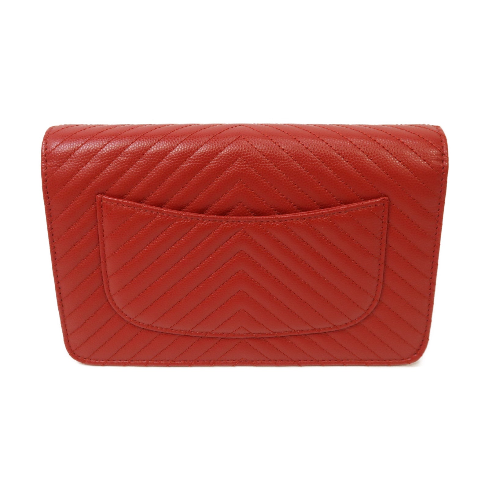 CHANEL 【激減優惠】斜紋牛皮皮革Wallet On Chain Shoulder Bag銀扣肩背袋紅色