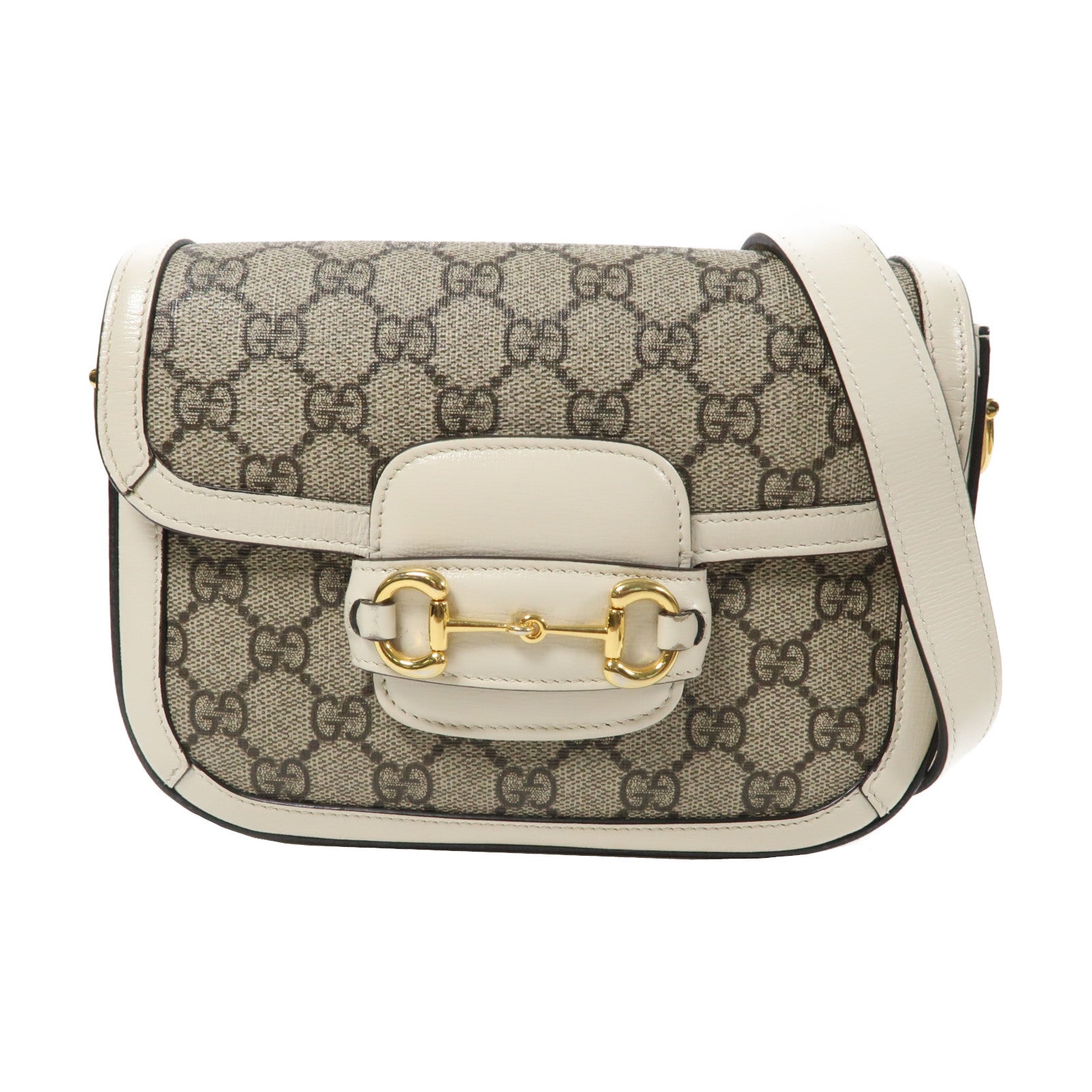 GUCCI 塗層帆布Horsebit 1955 Mini金扣肩背袋白色