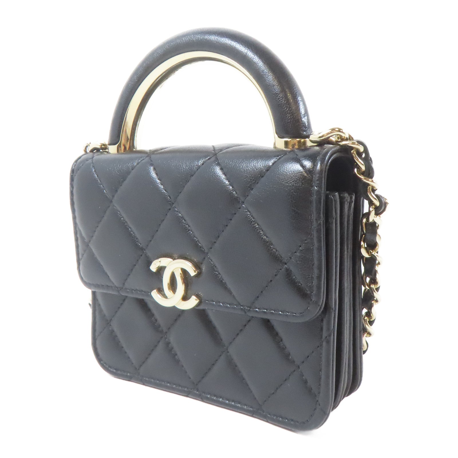 CHANEL 菱格羊皮皮革Mini Flap金扣鏈帶手挽肩背兩用袋黑色