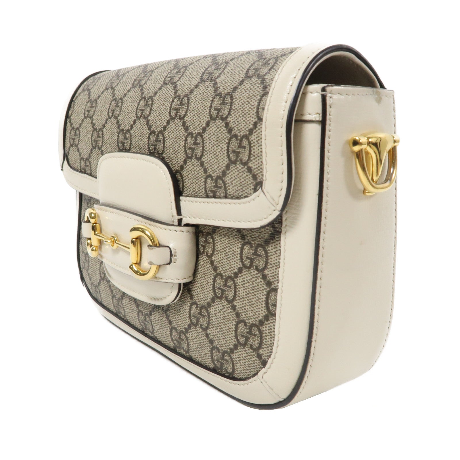 GUCCI 塗層帆布Horsebit 1955 Mini金扣肩背袋白色