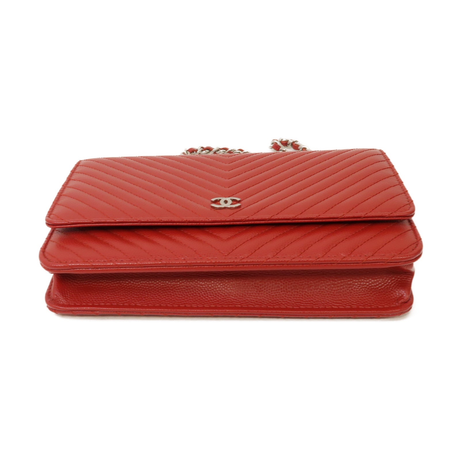 CHANEL 【激減優惠】斜紋牛皮皮革Wallet On Chain Shoulder Bag銀扣肩背袋紅色