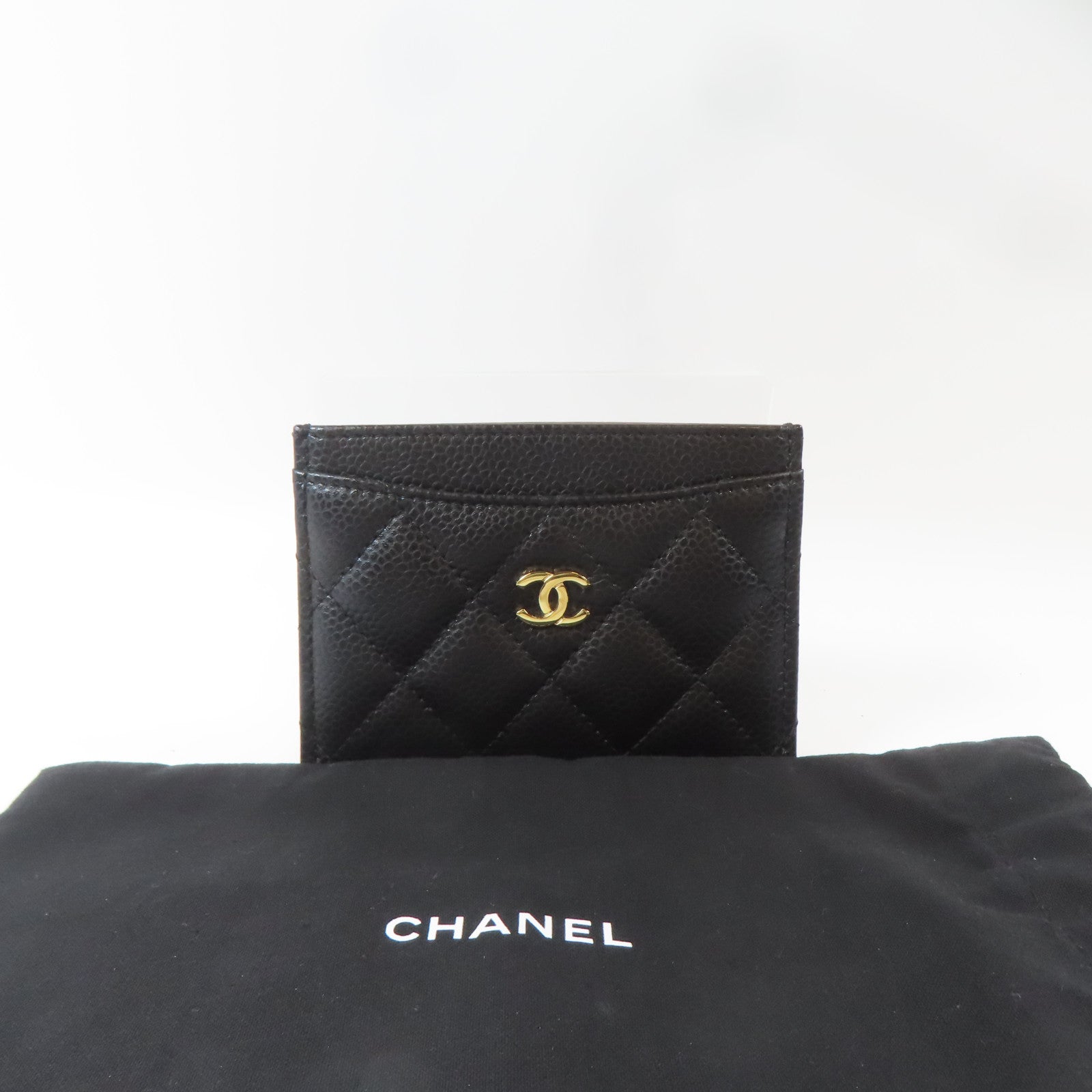 CHANEL 菱格Caviar皮革Card Case金扣卡片套黑色