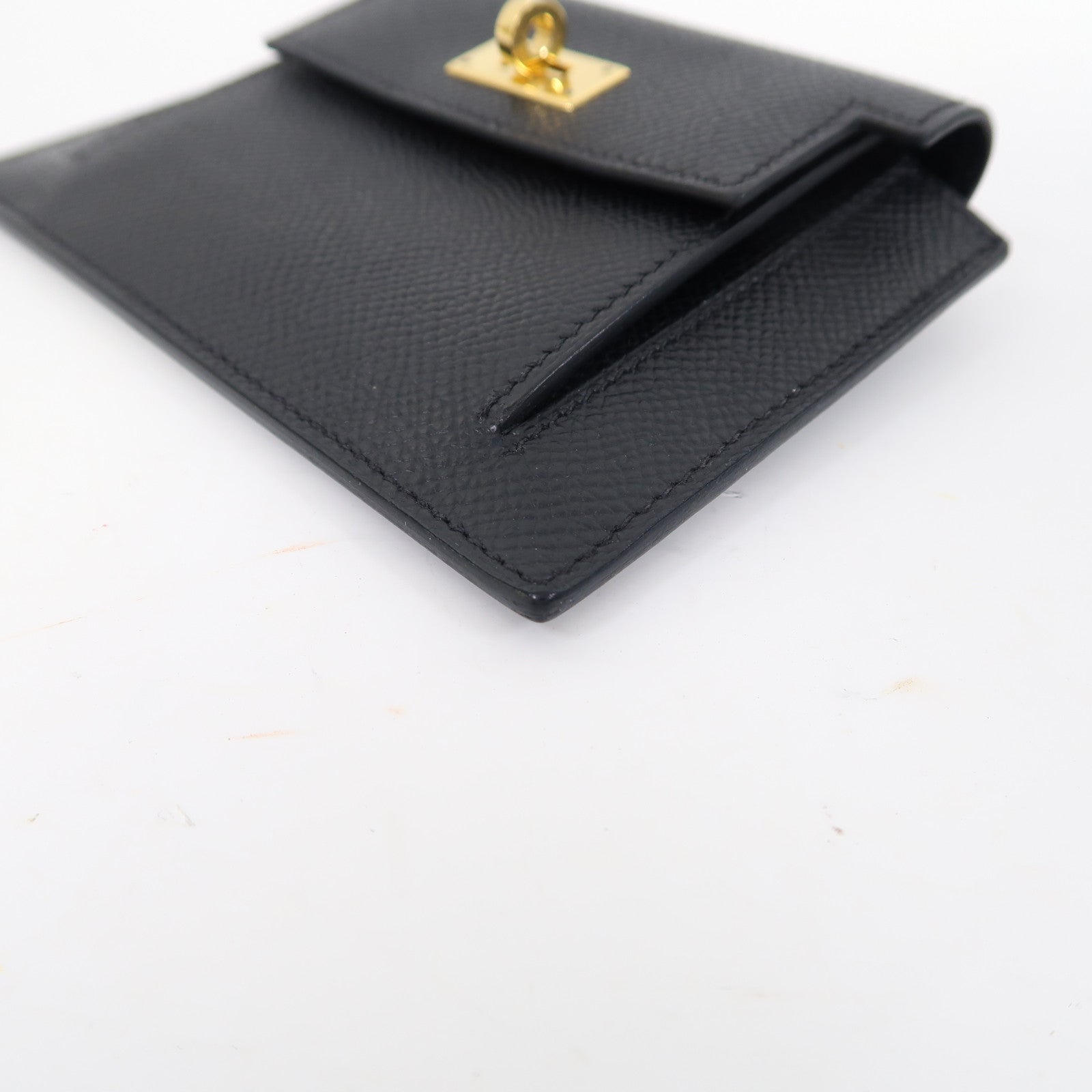 HERMES Epsom皮革Kelly Pocket金扣錢包Noir/黑色