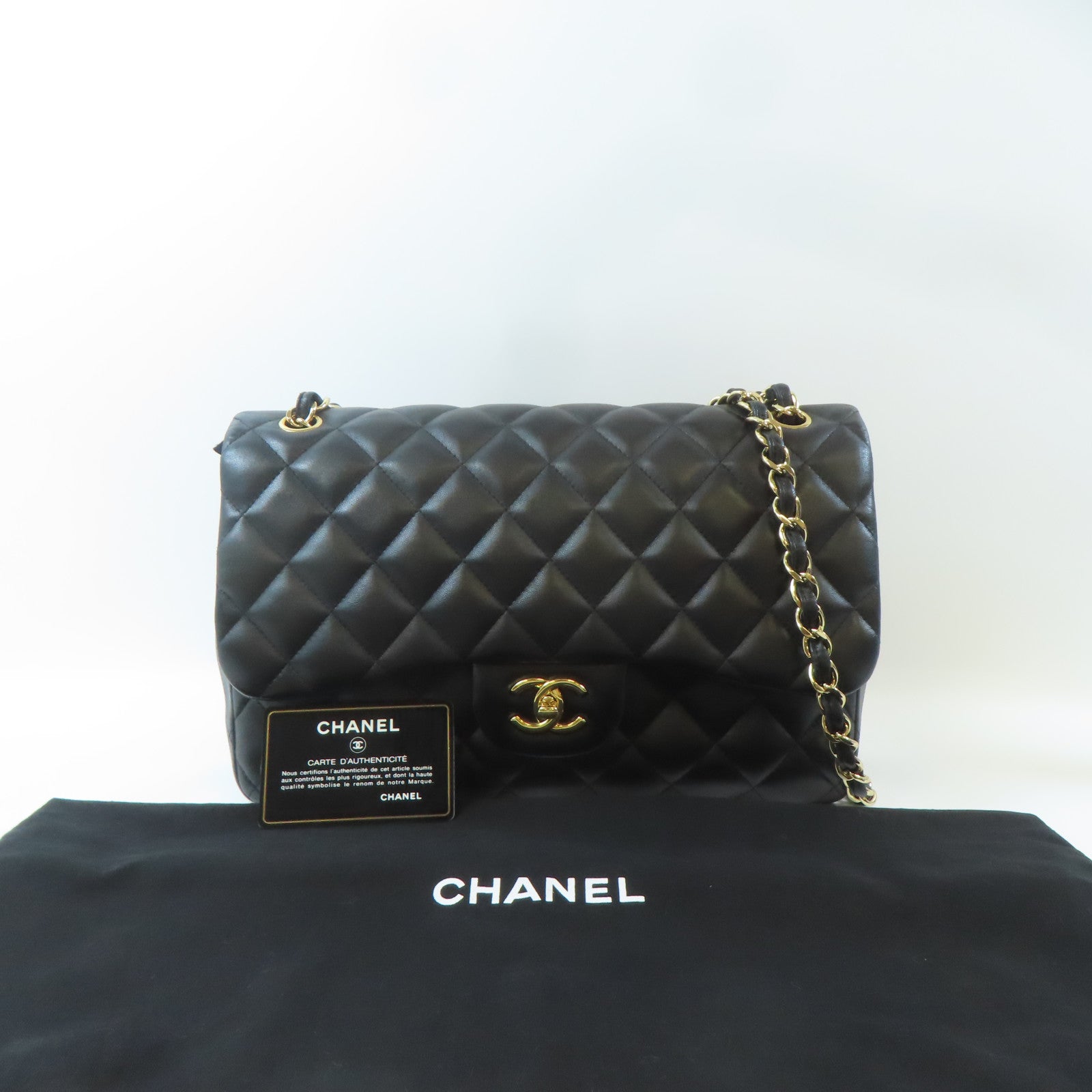 CHANEL 【激減優惠】菱格羊皮皮革Classic Jumbo金扣鏈帶肩背袋黑色