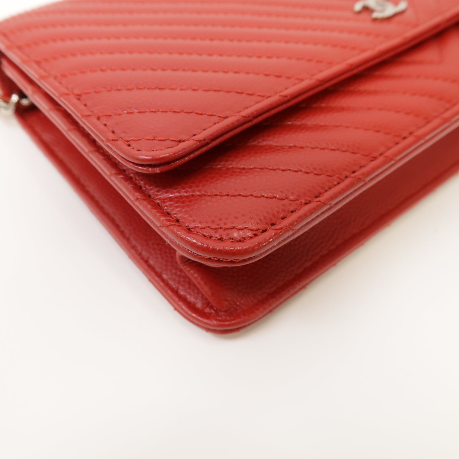 CHANEL 【激減優惠】斜紋牛皮皮革Wallet On Chain Shoulder Bag銀扣肩背袋紅色