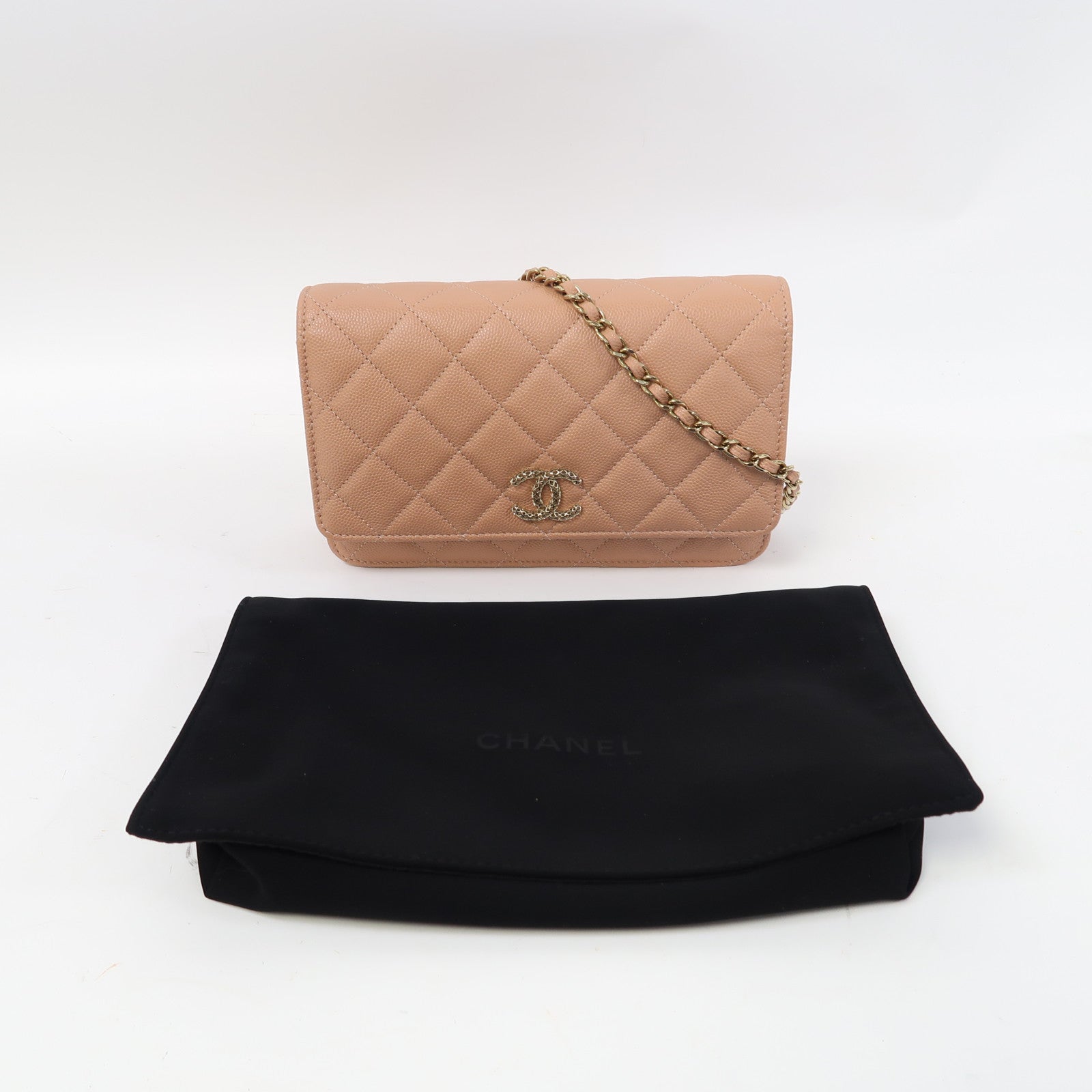 CHANEL 菱格Caviar皮革Wallet On Chain金扣鏈帶肩背袋三文魚色