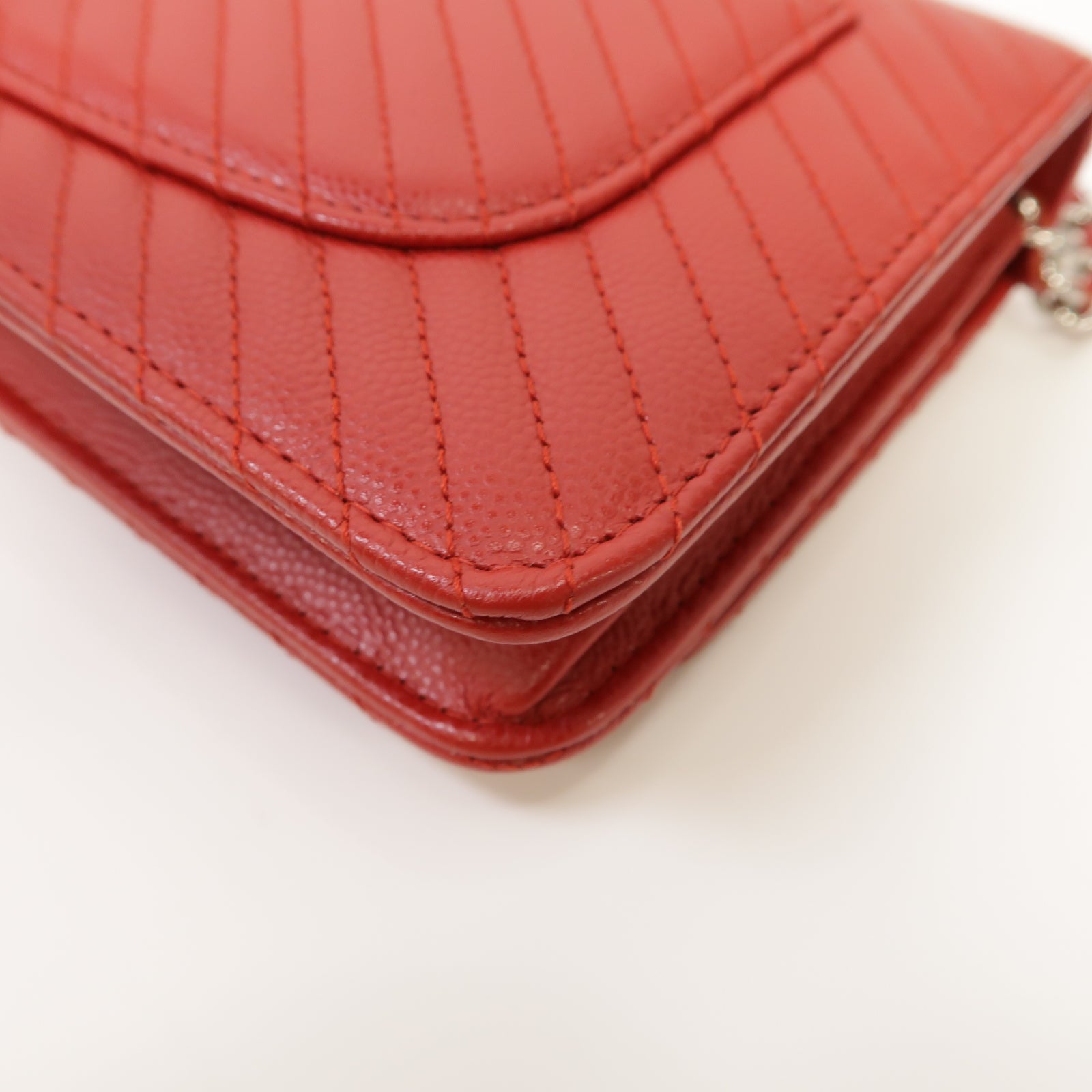 CHANEL 【激減優惠】斜紋牛皮皮革Wallet On Chain Shoulder Bag銀扣肩背袋紅色