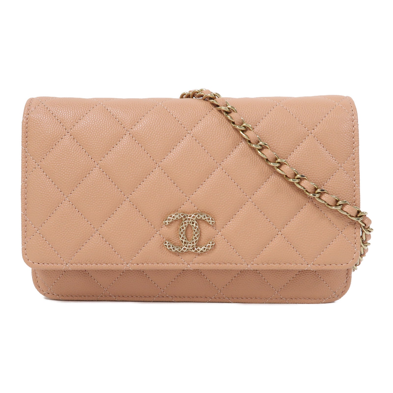 CHANEL 菱格Caviar皮革Wallet On Chain金扣鏈帶肩背袋三文魚色